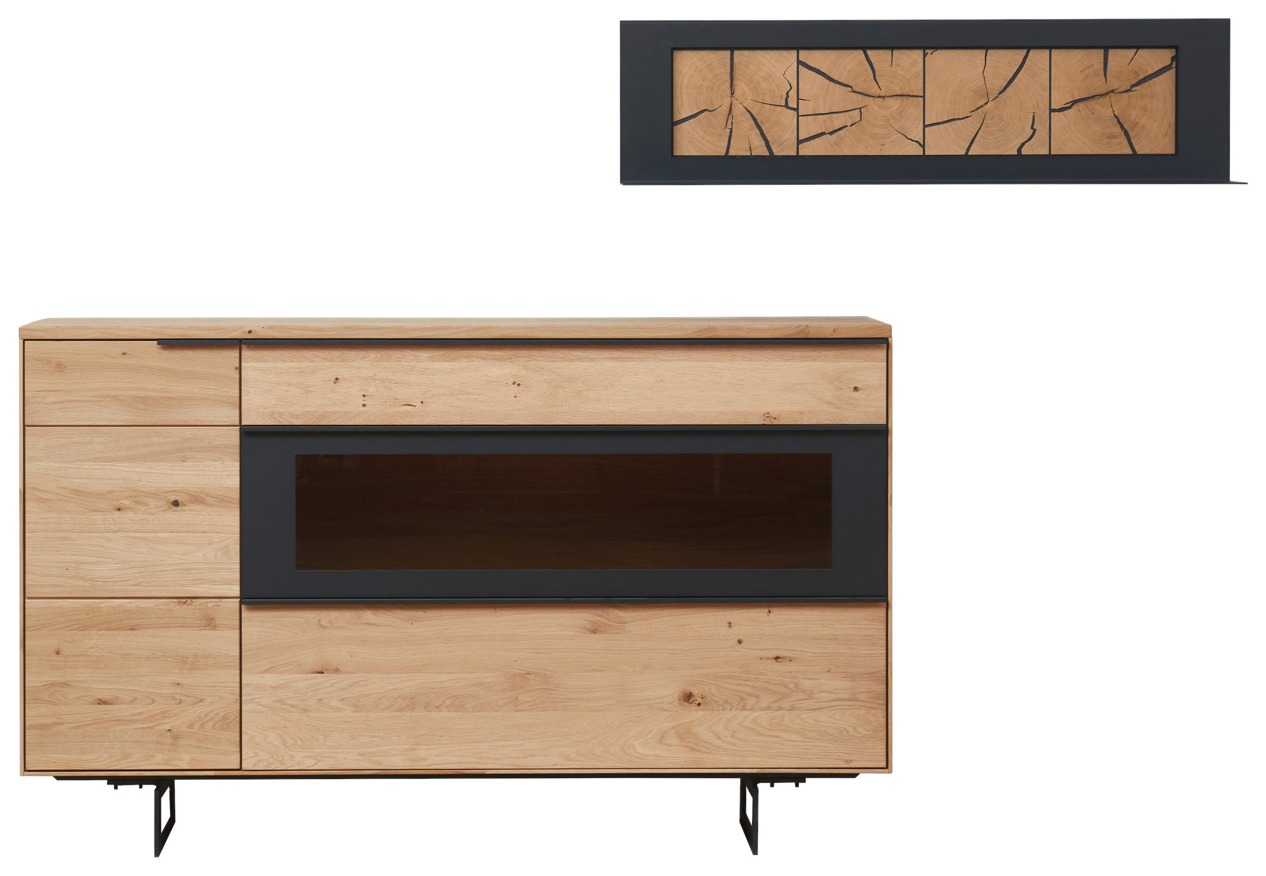 SIDEBOARD Schwarz, Eichefarben  161,9/99,9/45,2 cm  - Eichefarben/Schwarz, Design, Glas/Holz (161,9/99,9/45,2cm) - Valdera