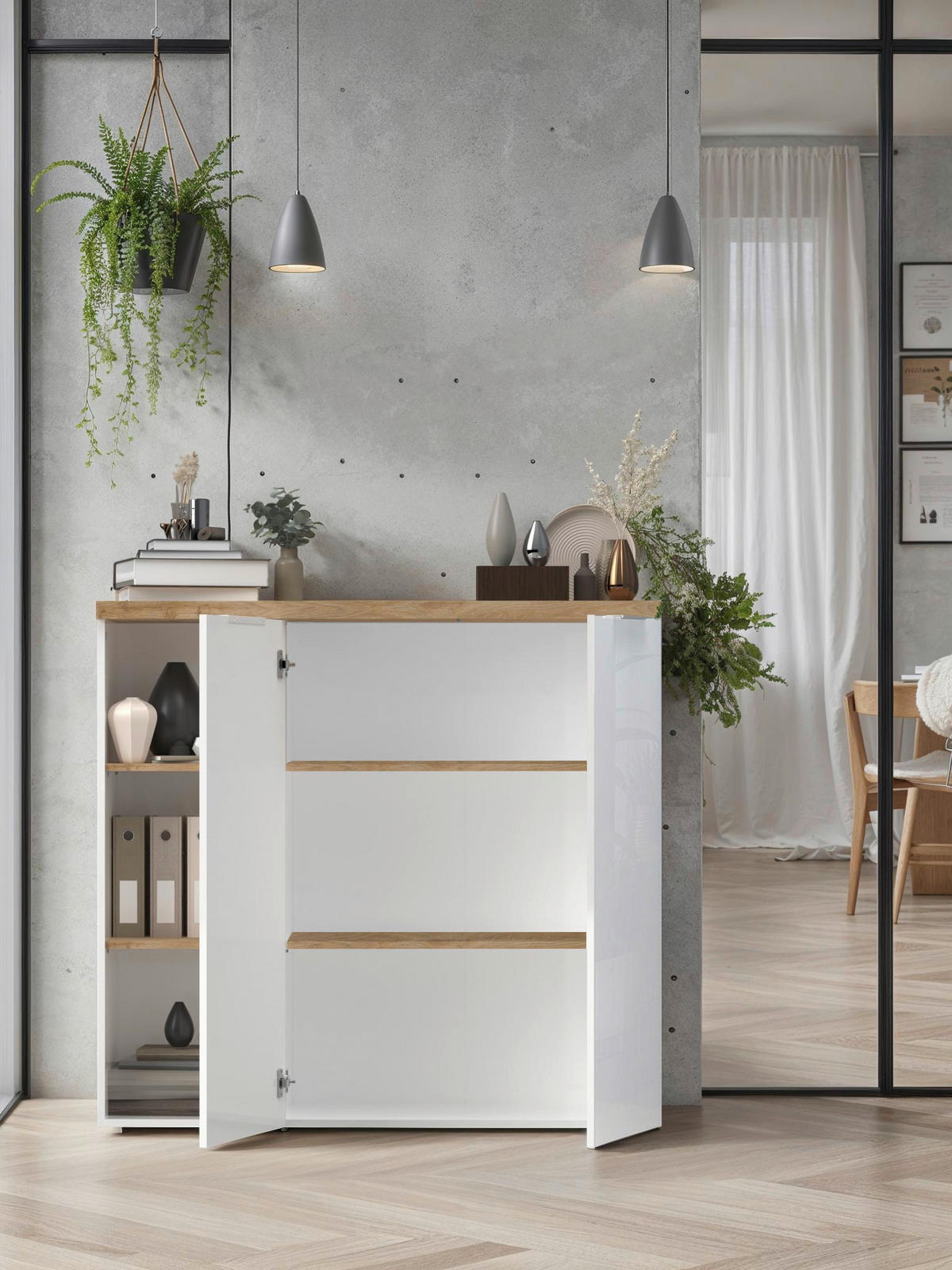 KLÄDSKÅP i ekfärgad, vit högglans  - vit högglans/ekfärgad, Modern, metall/trämaterial (121/116/34cm) - Best Price