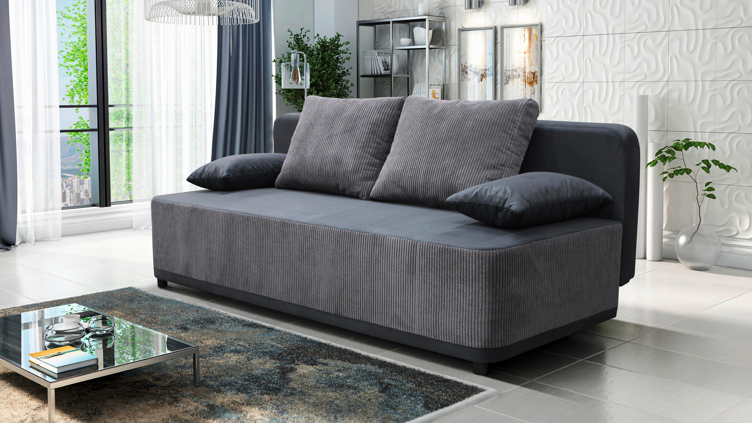 SCHLAFSOFA Velours Grau  - Schwarz/Grau, Design, Kunststoff/Textil (197/90/83cm) - MID.YOU