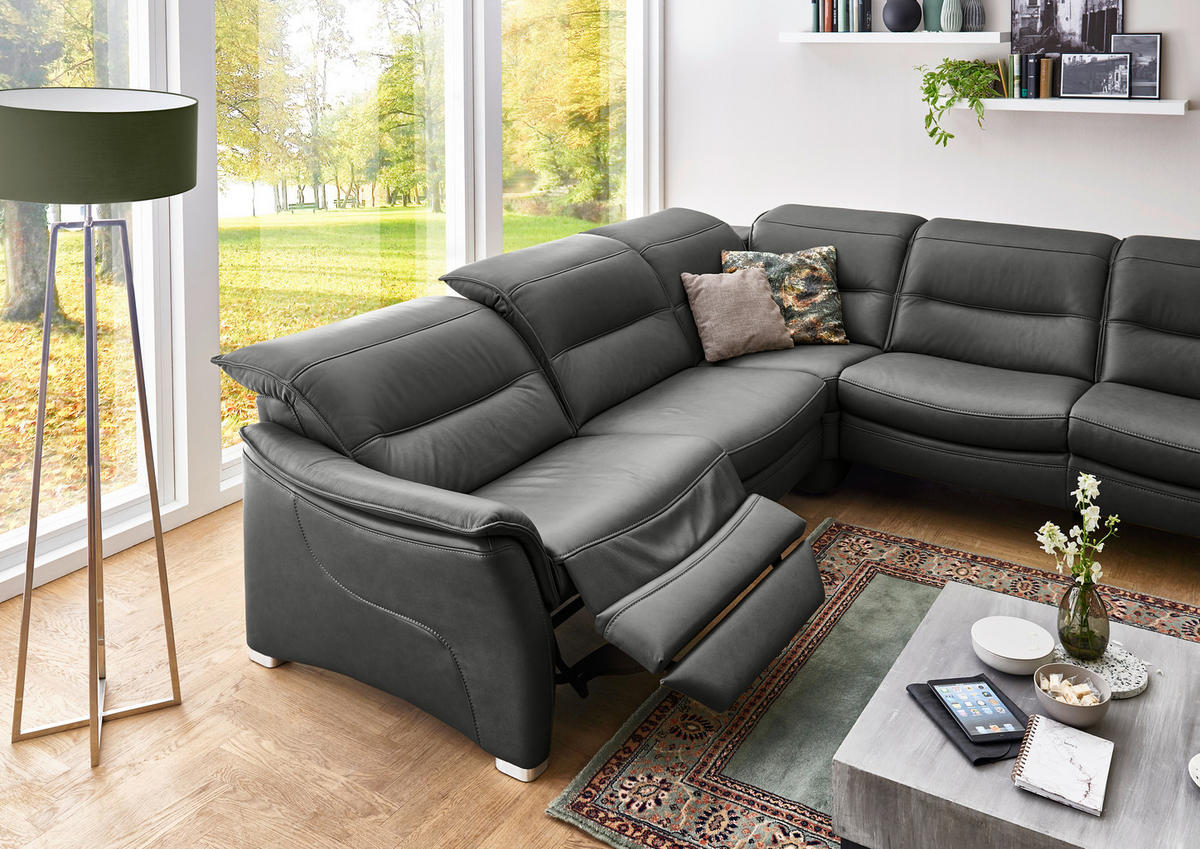 ECKSOFA in Echtleder Schwarz  - Alufarben/Schwarz, Design, Leder/Metall (277/277cm) - Valdera