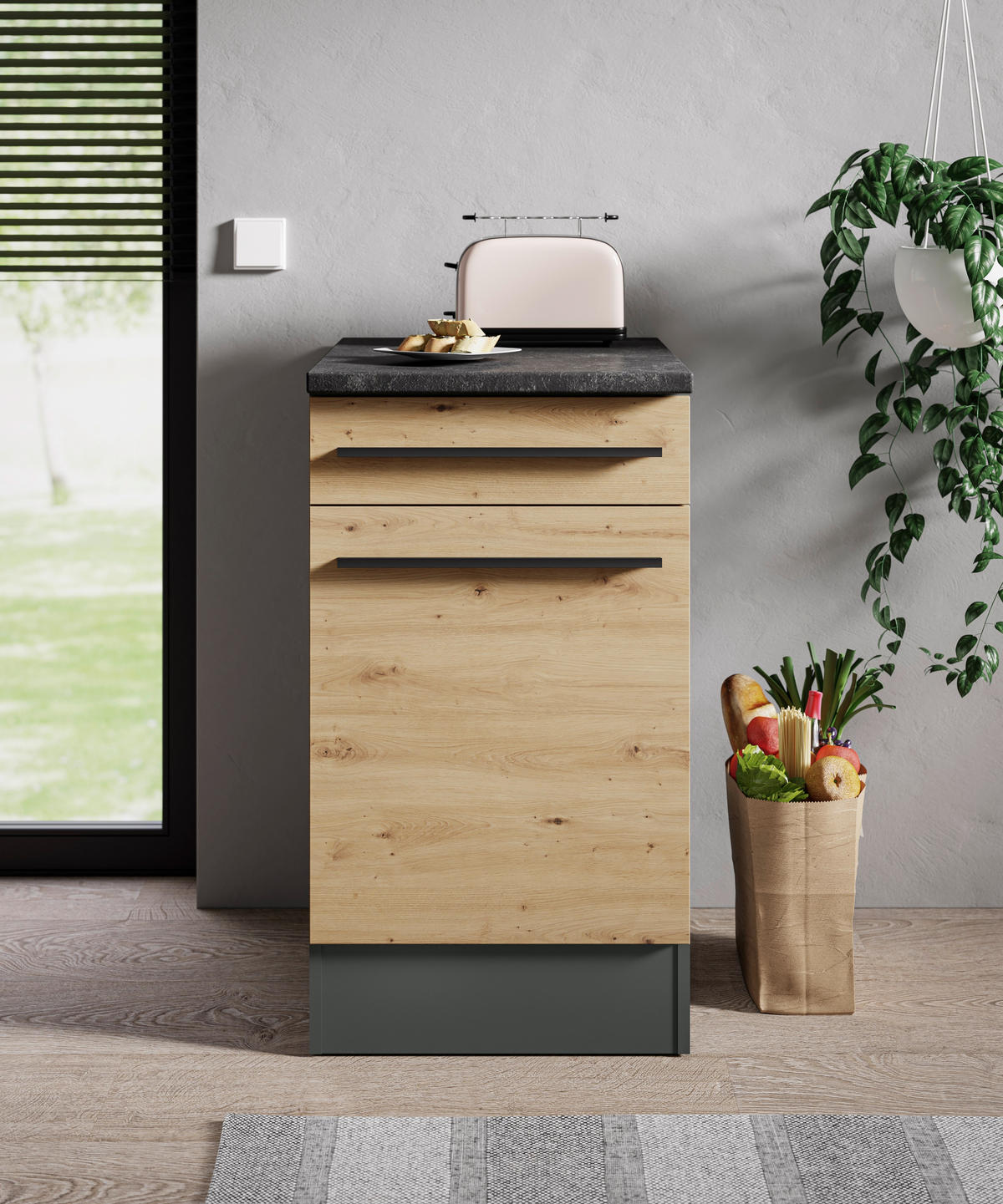 KÜCHENUNTERSCHRANK 50/90/60 cm  in Anthrazit, Eiche Artisan  - Anthrazit/Schwarz, Design, Holzwerkstoff/Kunststoff (50/90/60cm) - P & B