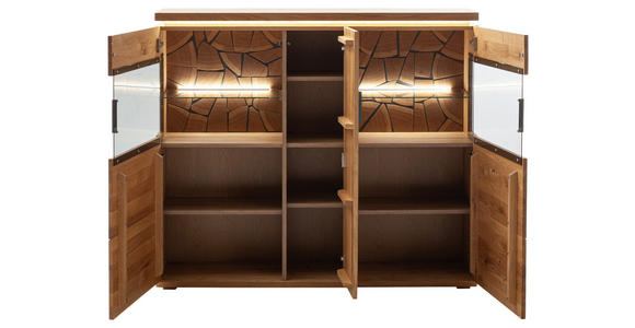 HIGHBOARD Grau, Eichefarben  150/128/37 cm  - Eichefarben/Anthrazit, Natur, Glas/Holz (150/128/37cm) - Linea Natura