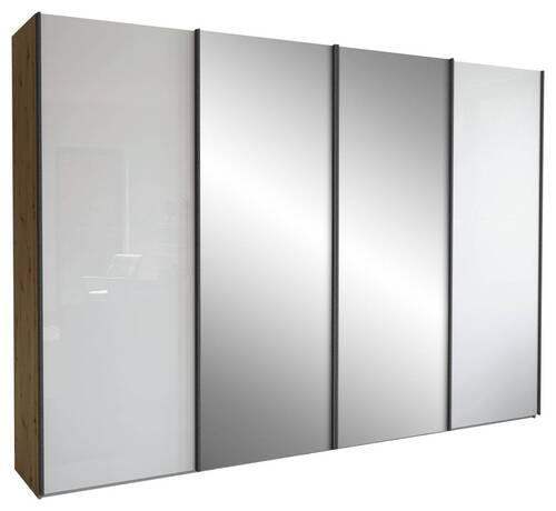 SCHWEBETÜRENSCHRANK 300/217/67 cm 4-türig Weiß, Eiche Bianco  - Schieferfarben/Eiche Bianco, KONVENTIONELL, Glas/Holzwerkstoff (300/217/67cm) - Dieter Knoll