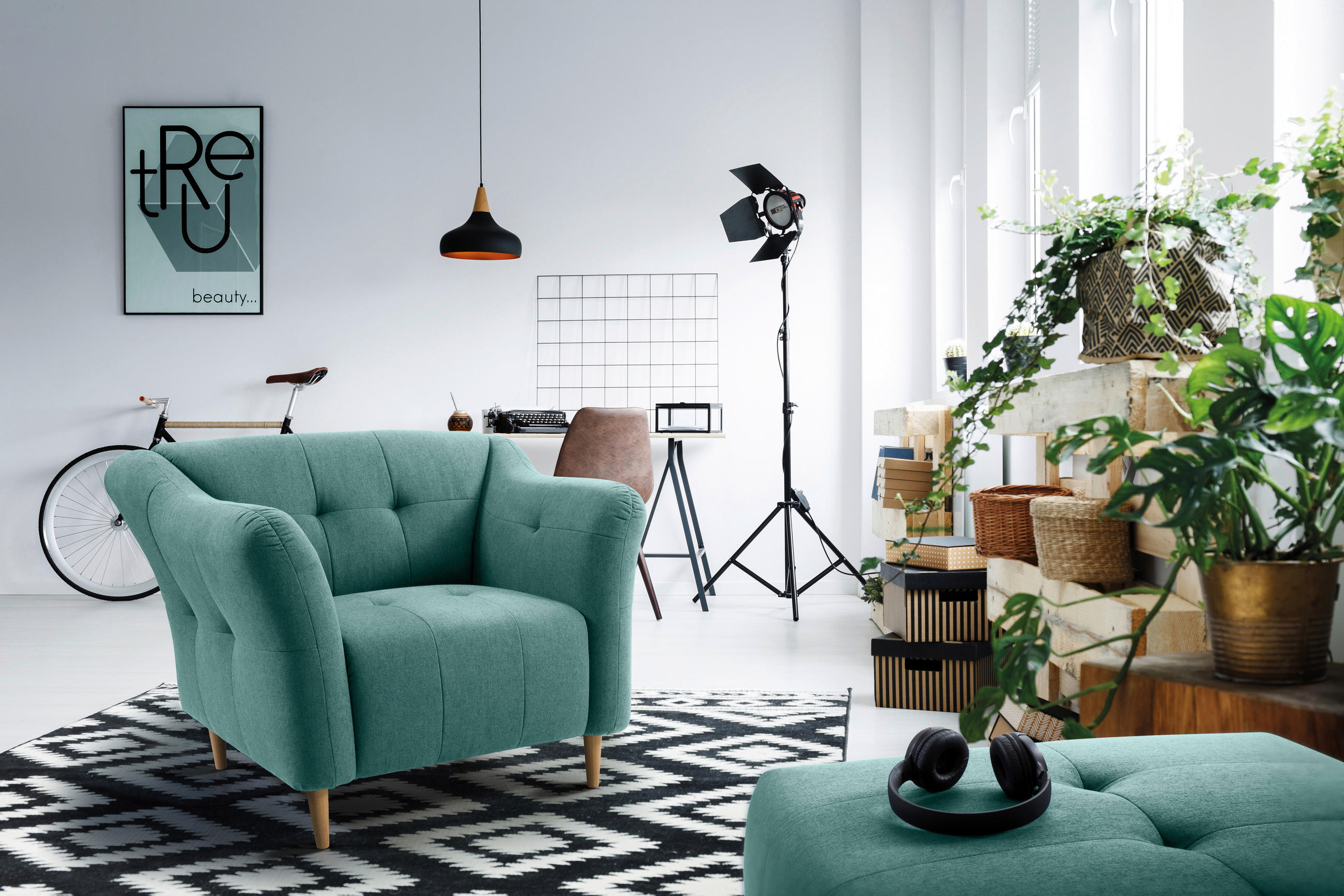 SESSEL in Flachgewebe Türkis  - Türkis/Eichefarben, Design, Holz/Textil (108/82/90cm) - Livetastic