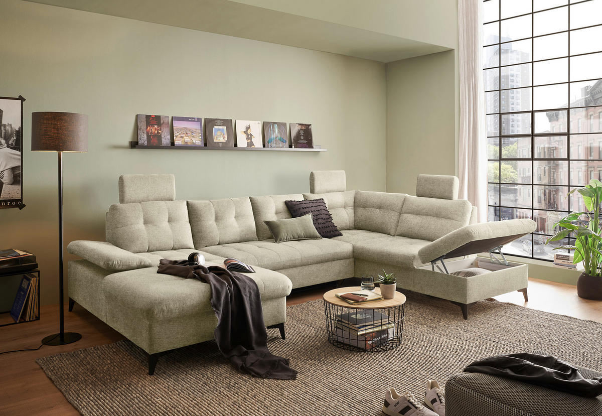 WOHNLANDSCHAFT in Webstoff Beige  - Beige/Schwarz, Konventionell, Kunststoff/Textil (170/324/218cm) - MID.YOU