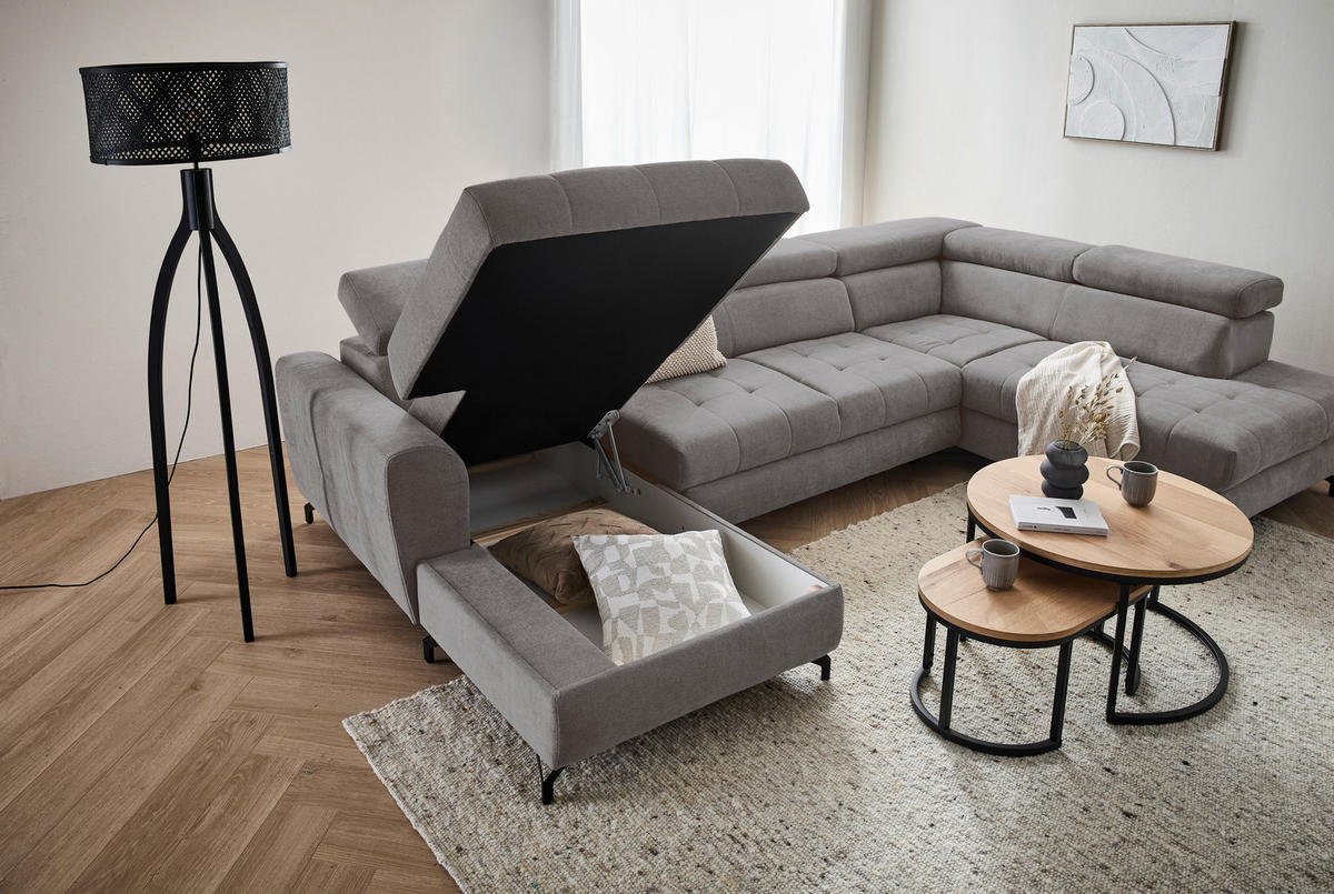 WOHNLANDSCHAFT Grau Struktur  - Schwarz/Grau, Design, Textil/Metall (177/327/203cm) - Stylife