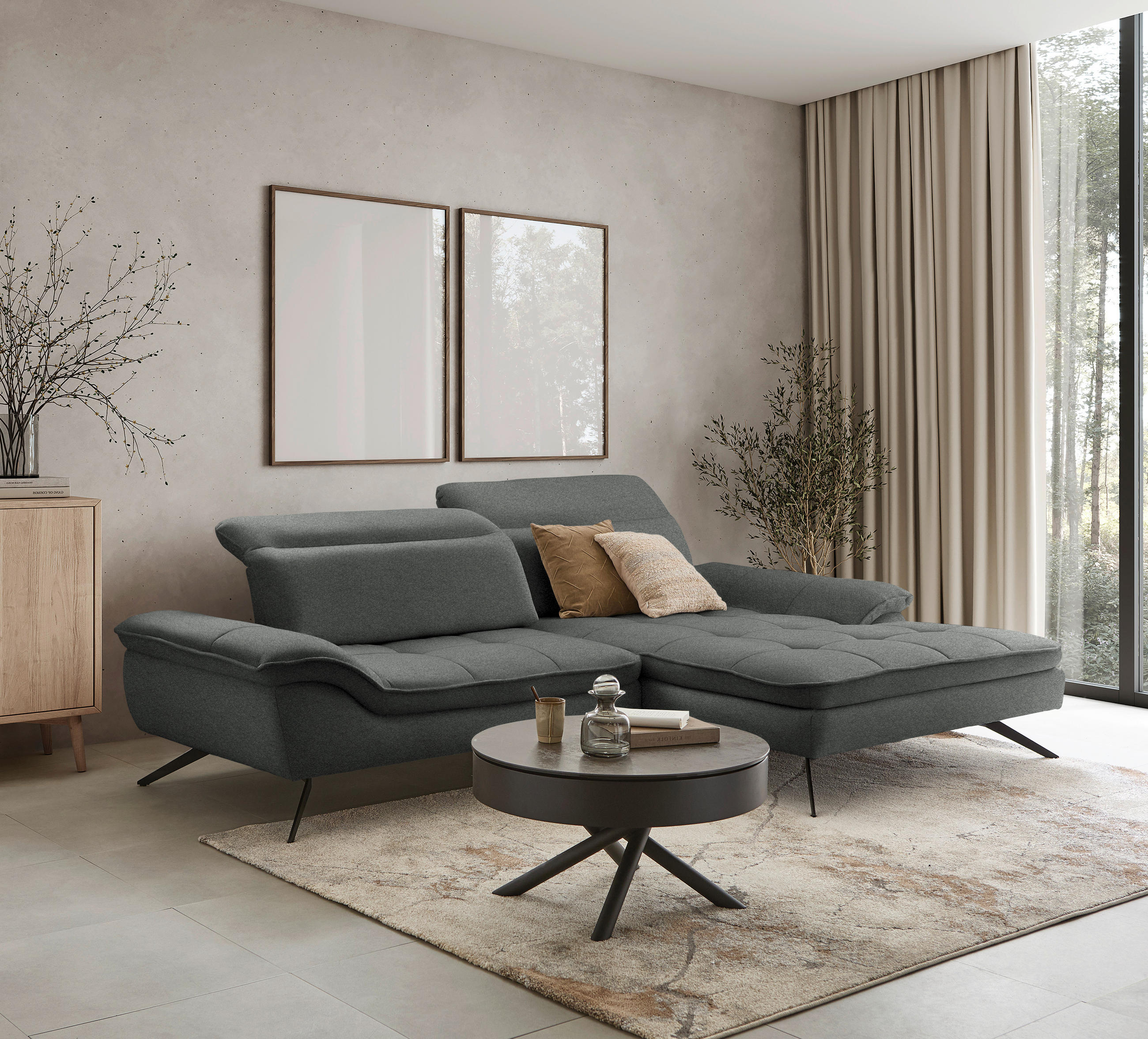 ECKSOFA in Chenille Anthrazit  - Anthrazit/Schwarz, Design, Textil/Metall (288/179-202cm) - Stylife
