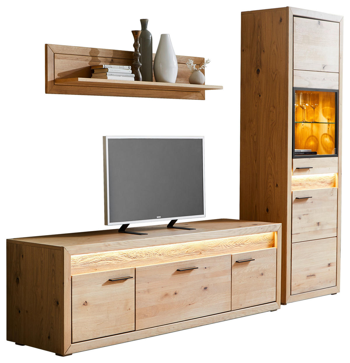 WOHNWAND  in Eichefarben  253,8/198,4/49 cm    - Eichefarben/Schwarz, KONVENTIONELL, Glas/Holz (253,8/198,4/49cm) - Cantus