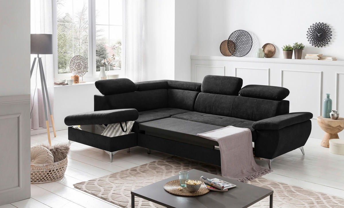 ECKSOFA Schwarz Mikrofaser  - Chromfarben/Schwarz, KONVENTIONELL, Textil/Metall (209/256cm) - Livetastic