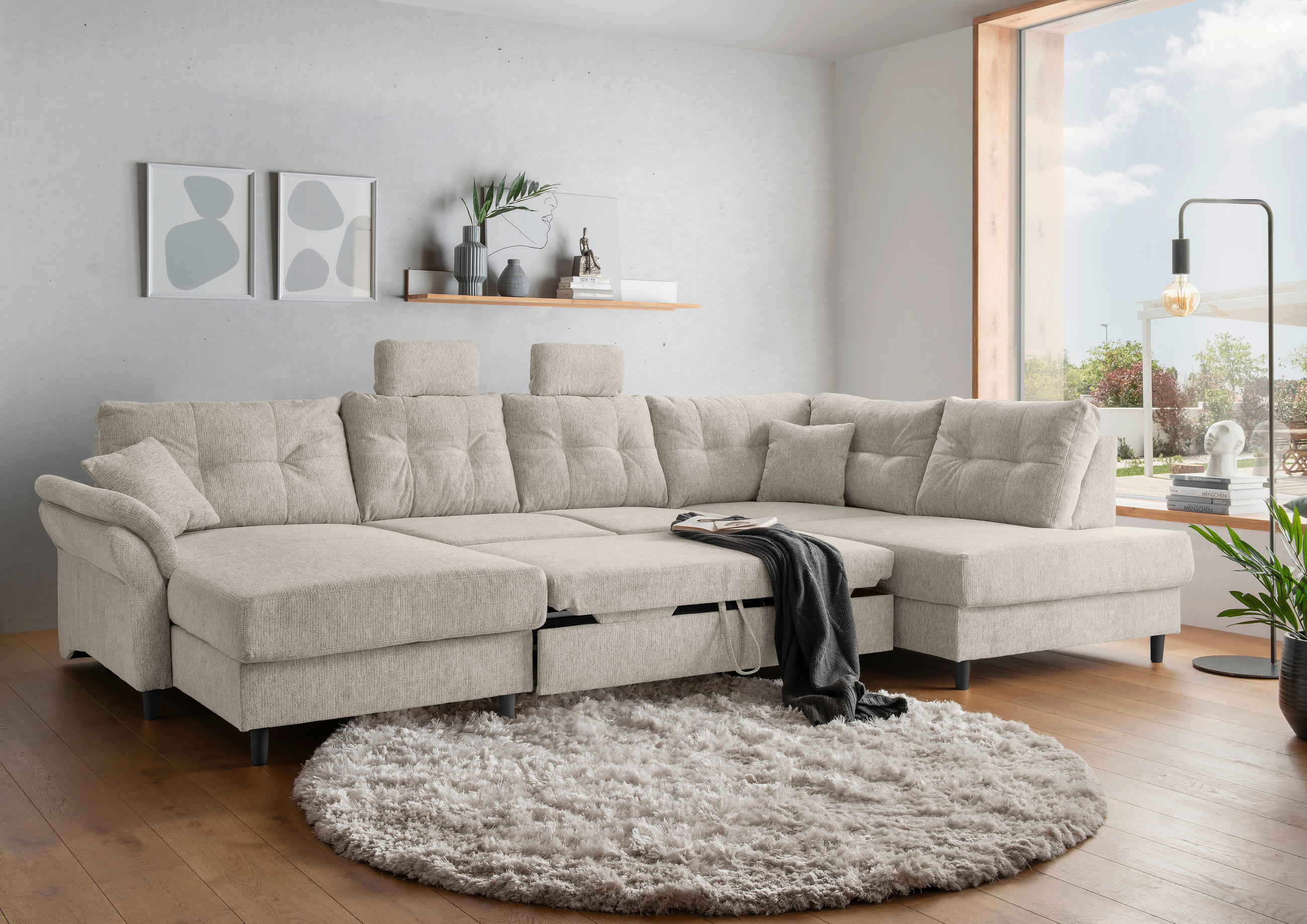 WOHNLANDSCHAFT in Chenille Beige  - Beige/Schwarz, Modern, Holz/Textil (176/338/206cm) - Livetastic