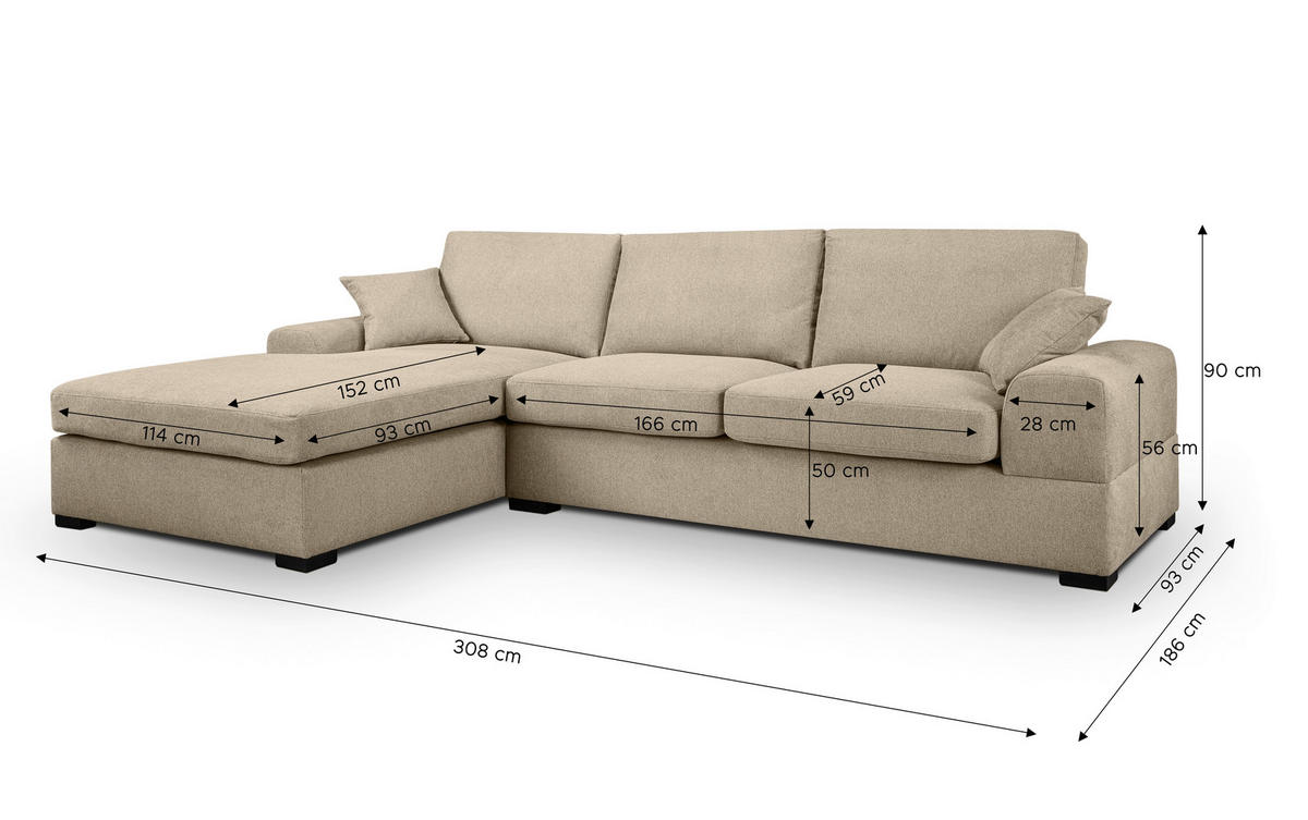 ECKSOFA VEDA Beige Flachgewebe  - Beige/Schwarz, Basics, Holz/Textil (308/186cm) - MID.YOU