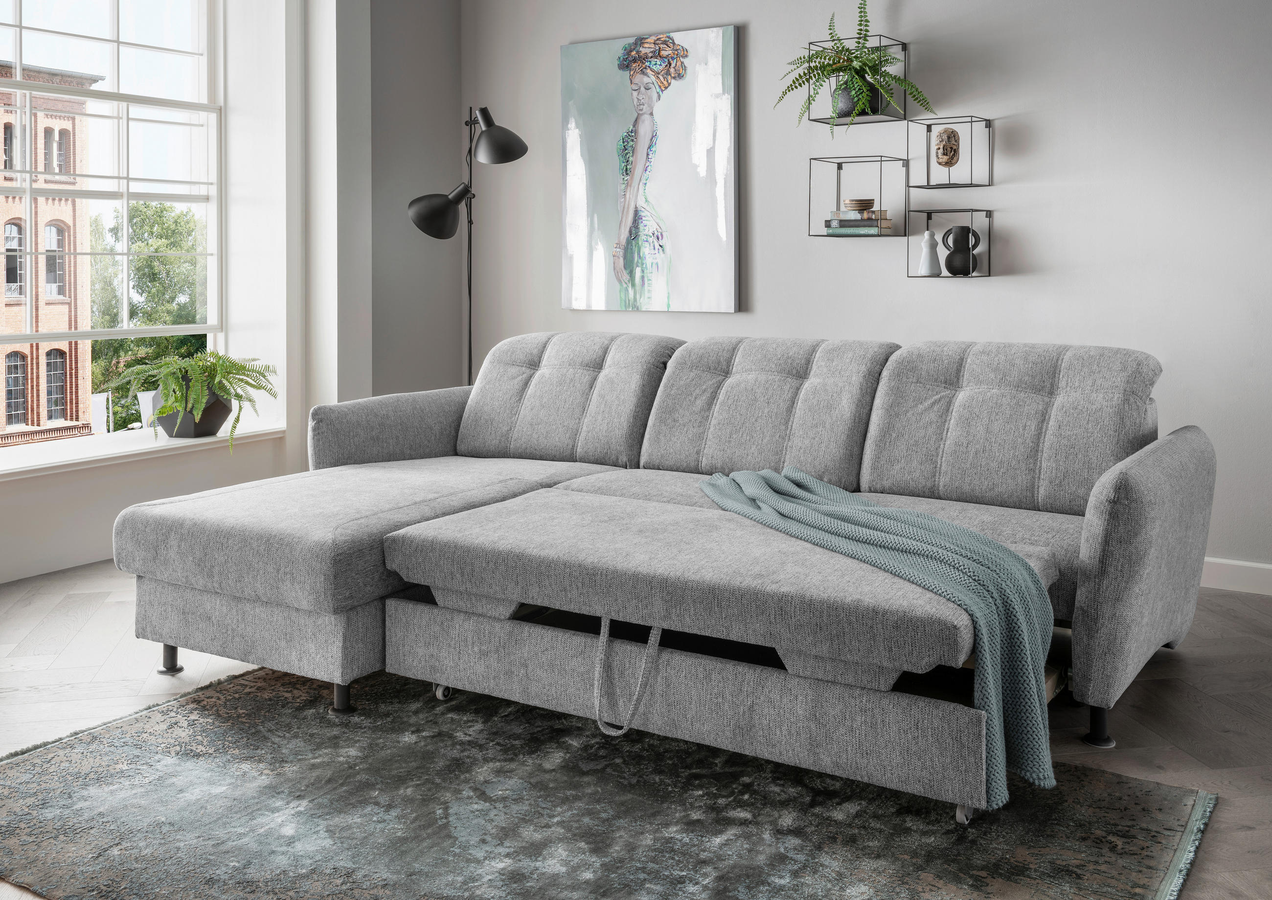 ECKSOFA in Chenille Silberfarben  - Silberfarben/Schwarz, Modern, Textil/Metall (184/267cm) - Livetastic