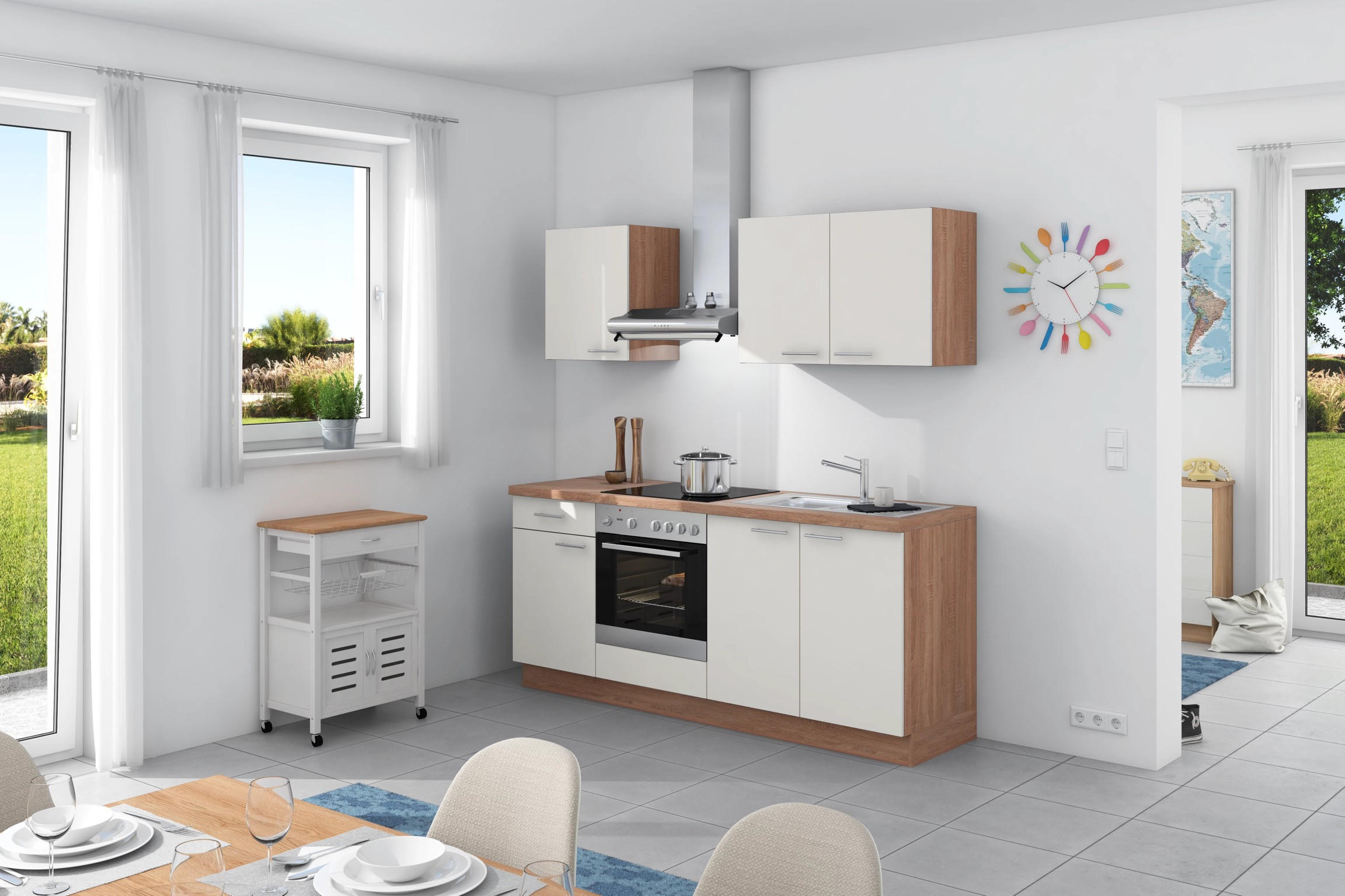 Küchenzeile Base ohne Geräte 200 cm Weiß/Bergeiche