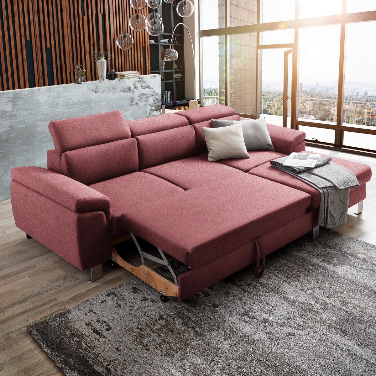 ECKSOFA in Webstoff Hellrot  - Hellrot/Silberfarben, Design, Textil/Metall (250/167cm) - Xora