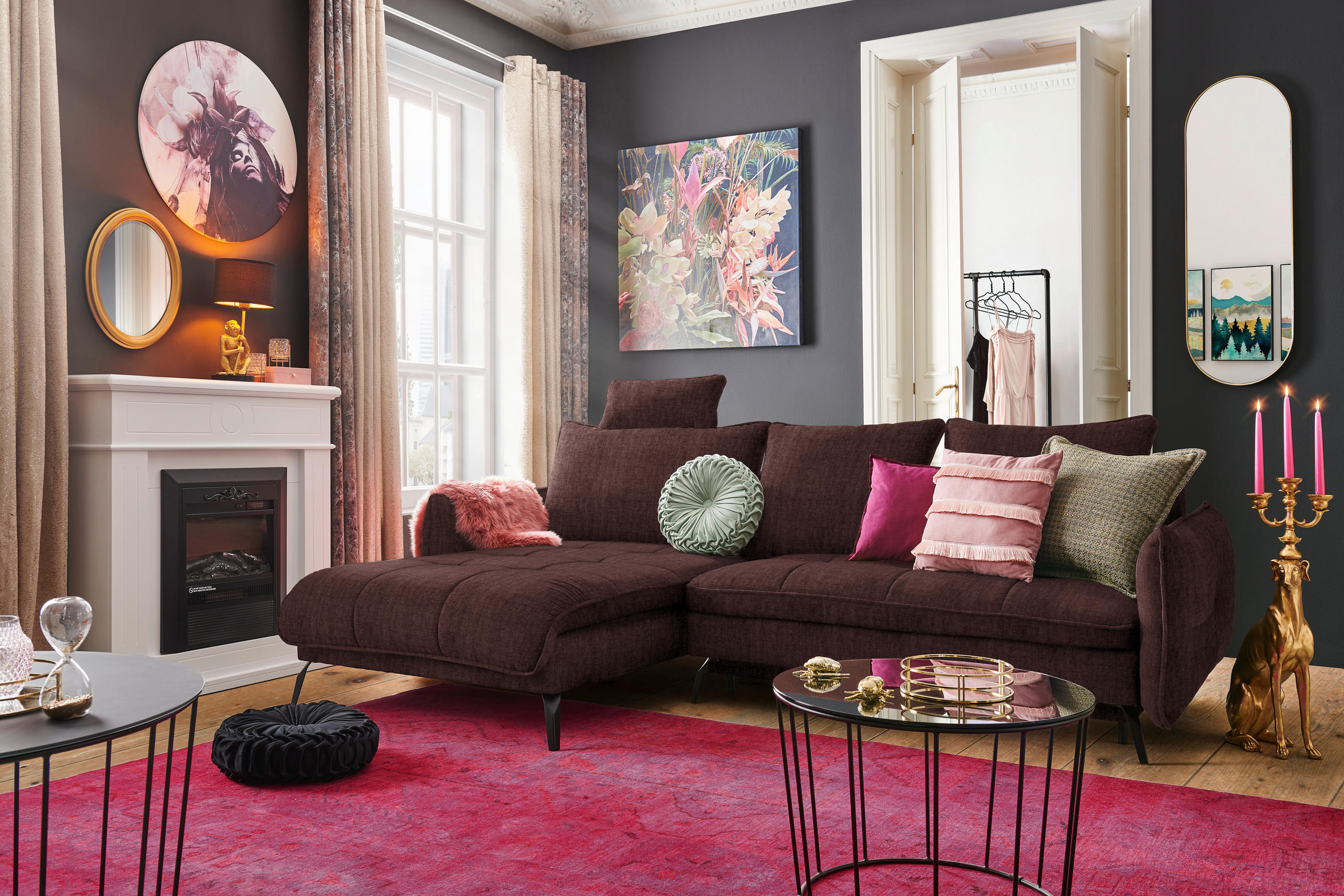 ECKSOFA in Flachgewebe Braun  - Schwarz/Braun, Design, Textil/Metall (180/273cm) - Hom`in