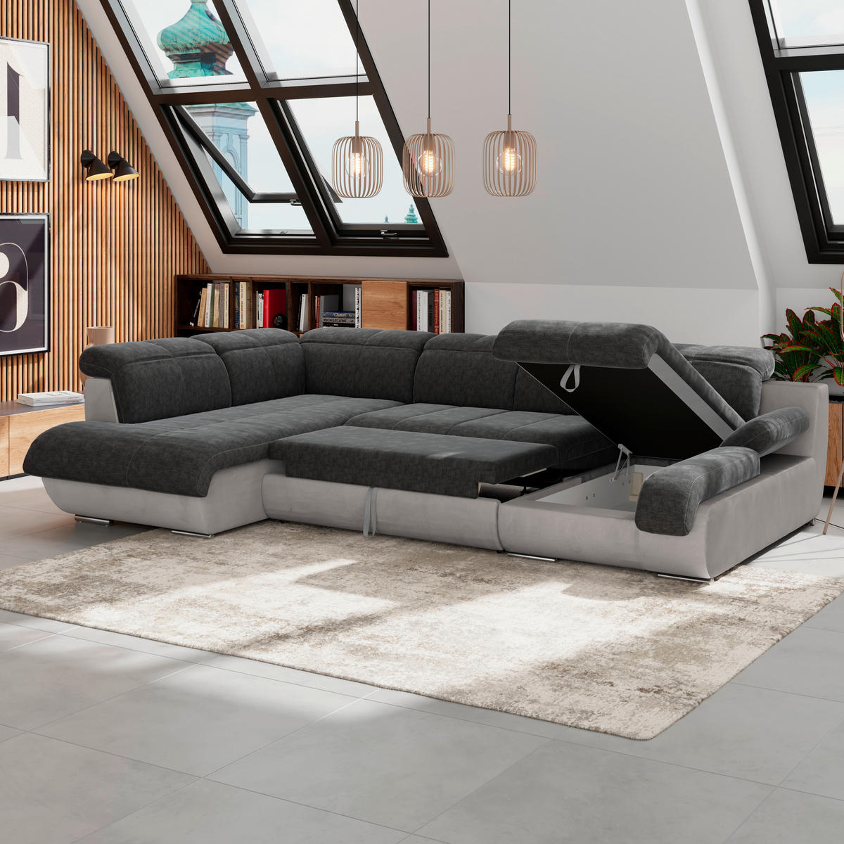 WOHNLANDSCHAFT Anthrazit, Grau Webstoff  - Chromfarben/Anthrazit, MODERN, Textil/Metall (228/345/184cm) - MID.YOU