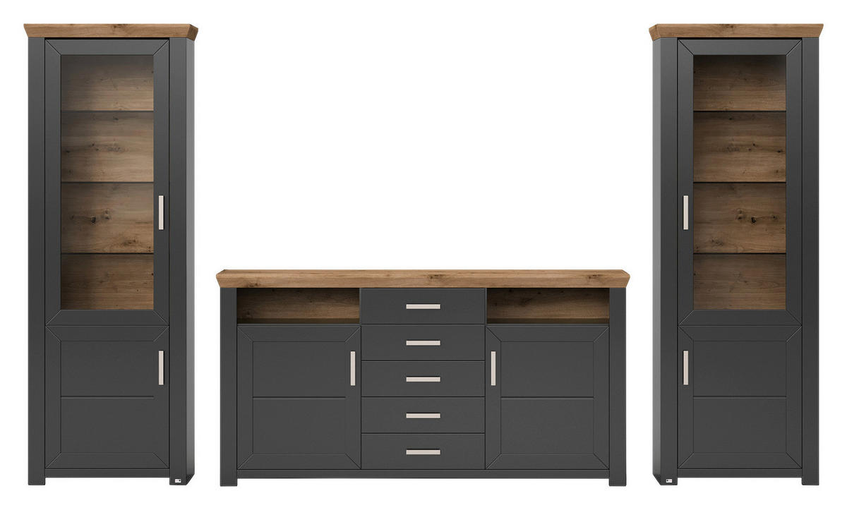 WOHNWAND  in Graphitfarben, Eiche Artisan  310/206,6/51,2 cm  - Graphitfarben/Eiche Artisan, Design, Glas/Holzwerkstoff (310/206,6/51,2cm) - SetOne by Musterring