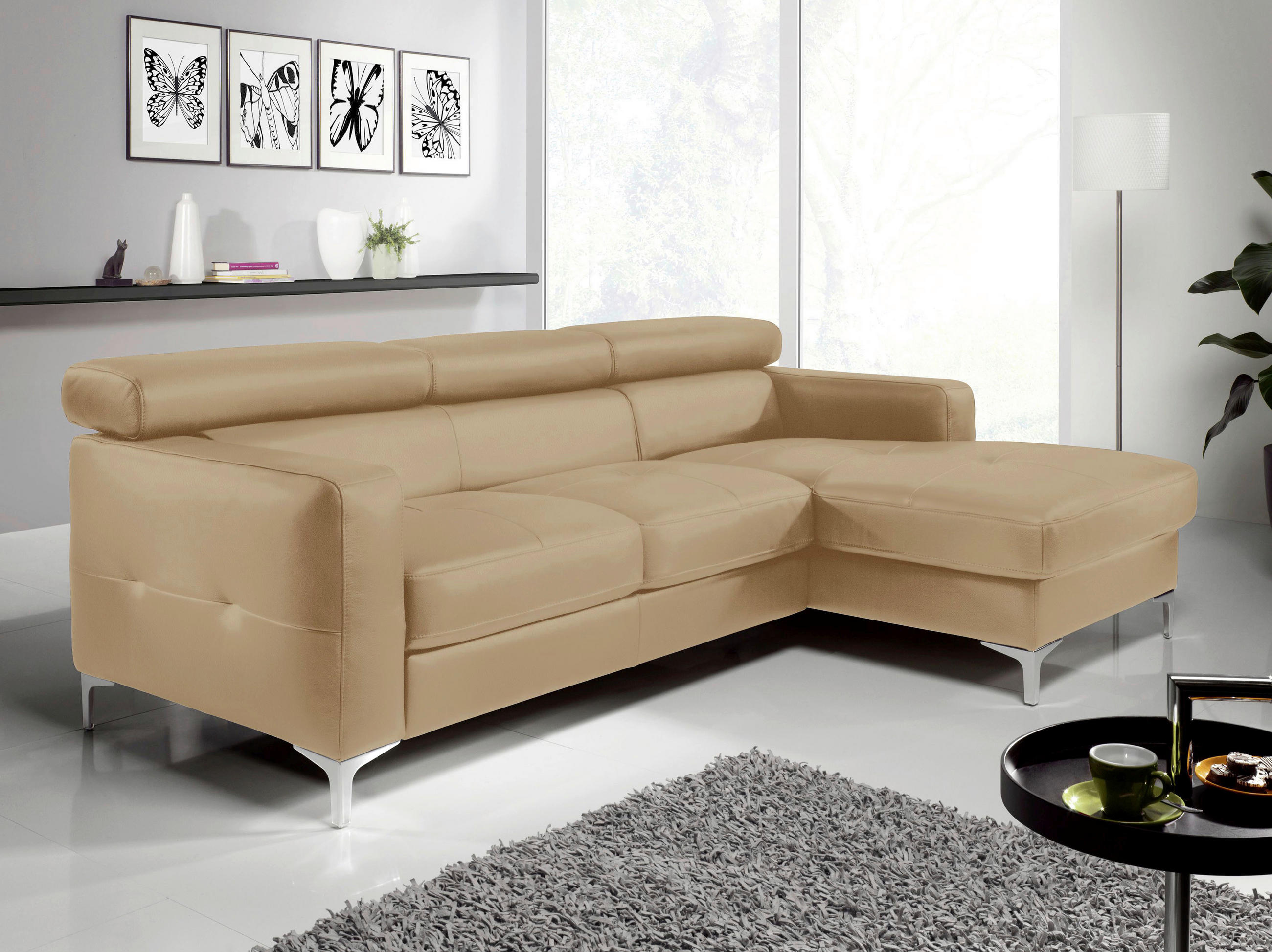 ECKSOFA in Echtleder Cappuccino - Chromfarben/Cappuccino, Design, Leder/Metall (226/169cm) - Livetastic