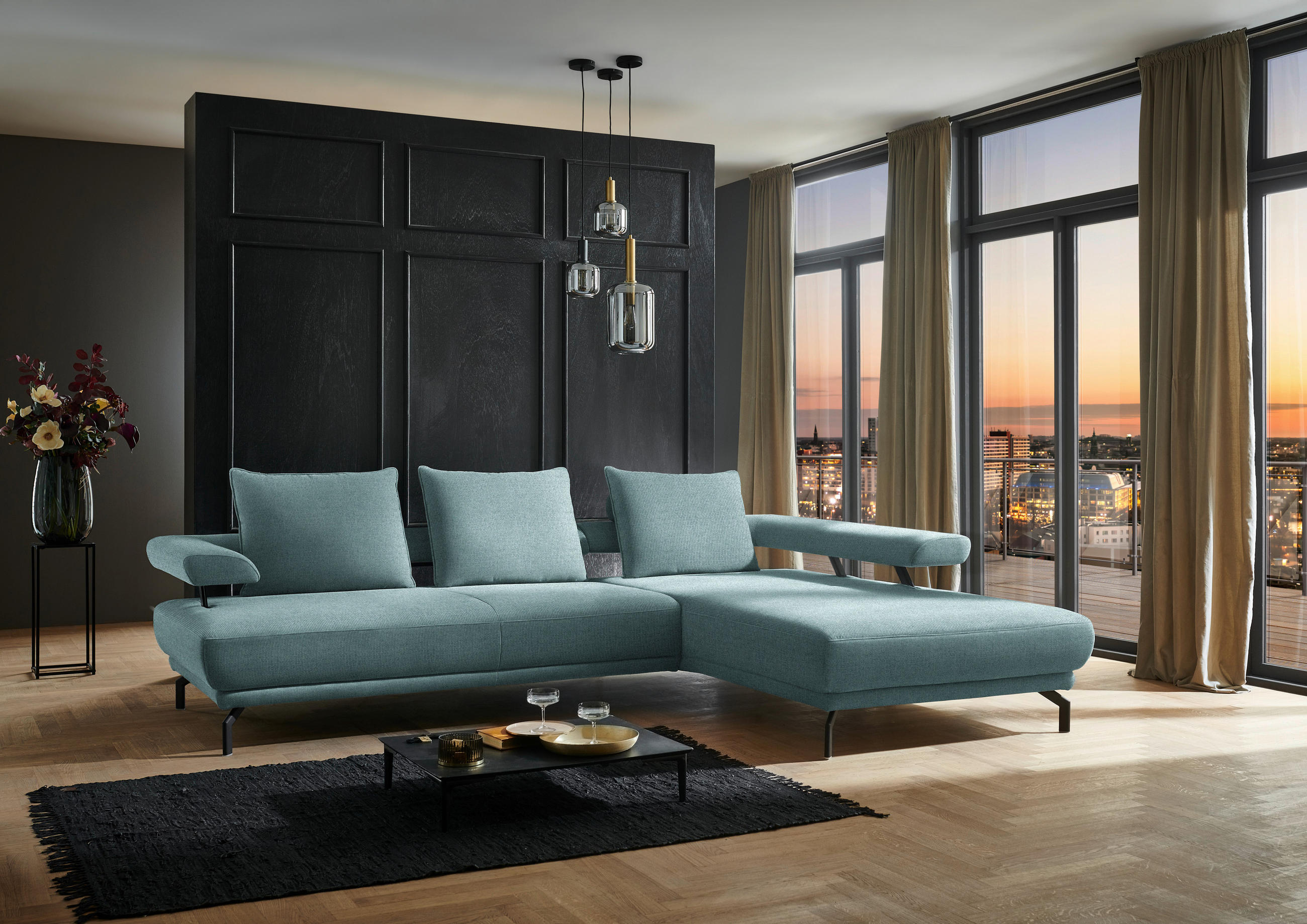 ECKSOFA in Chenille Türkis  - Türkis/Schwarz, Design, Textil/Metall (305/224cm) - Dieter Knoll