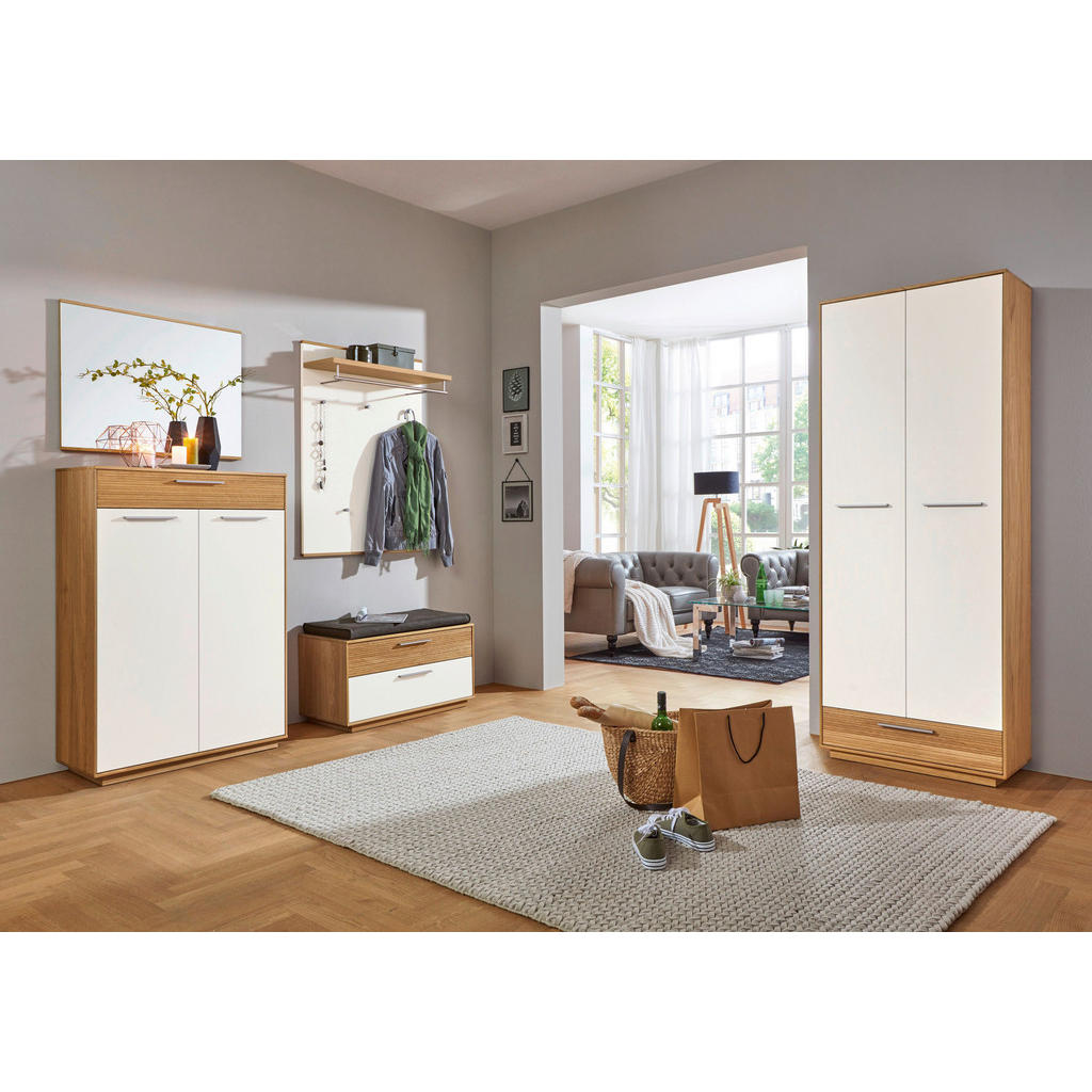 Thumbnail - Garderobenbank, Weiß, Eiche, Metall, furniert, massiv, teilmassiv, 1-Sitzer, 2 Schublade(n) Schubladen, 86x45x40 cm, Gol...