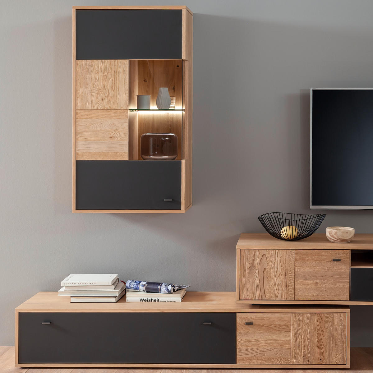 HYLLKOMBINATION  i antracit, ek Bianco  306/198/50 cm  - ek Bianco/svart, Design, metall/trämaterial (306/198/50cm) - MID.YOU