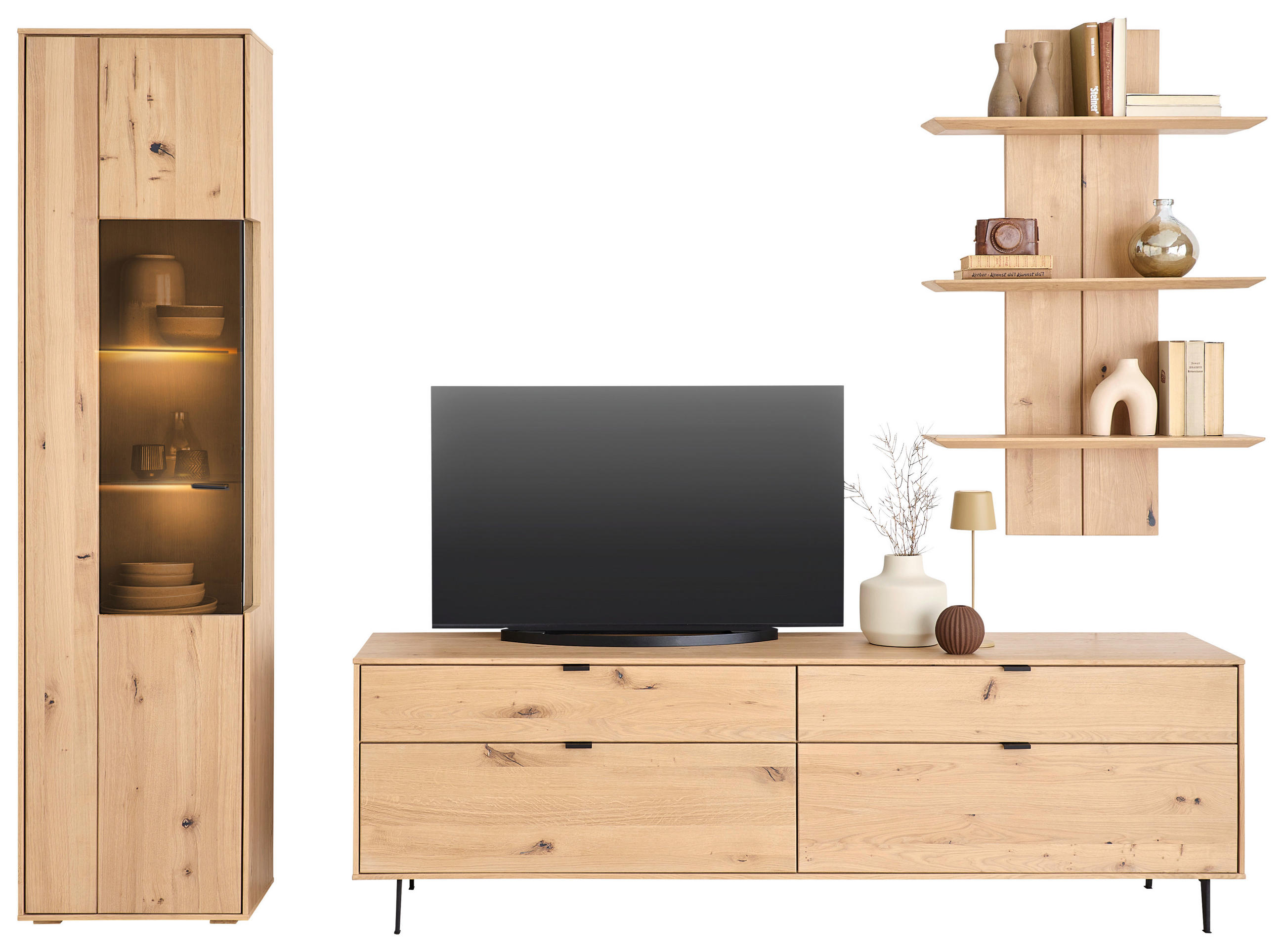 WOHNWAND  in Eichefarben 267/205/50 cm  - Eichefarben/Schwarz, Natur, Glas/Holz (267/205/50cm) - Cantus