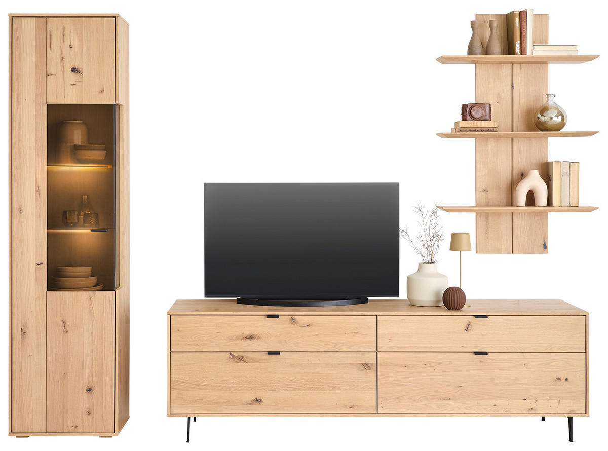 WOHNWAND  in Eichefarben 267/205/50 cm  - Eichefarben/Schwarz, Natur, Glas/Holz (267/205/50cm) - Cantus