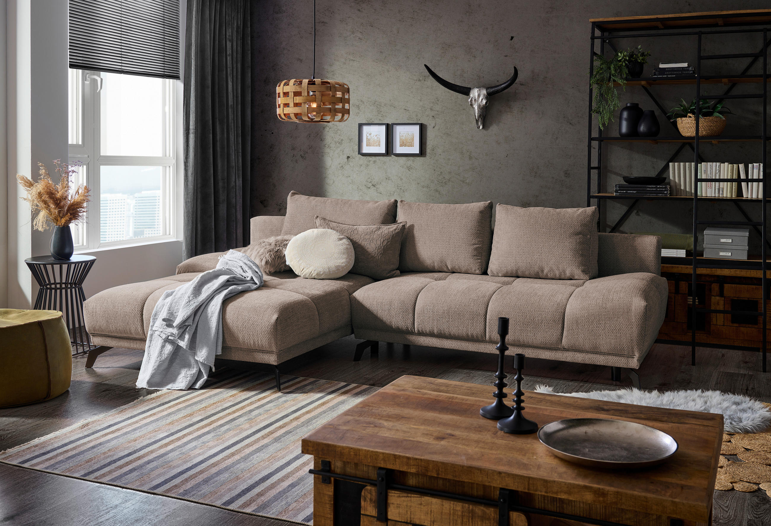 ECKSOFA Hellbraun Chenille  - Hellbraun/Schwarz, MODERN, Textil/Metall (182/290cm) - Hom`in
