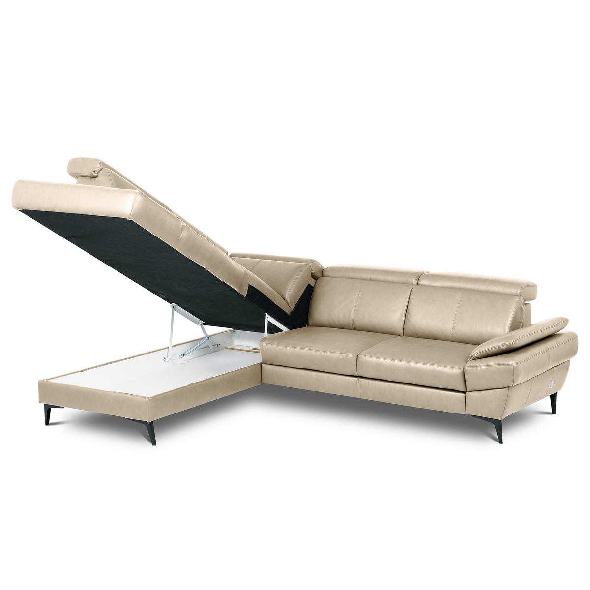 ECKSOFA Grau Echtleder Lederlook Bettkasten, Schlaffunktion, Rücken echt, Armteilverstellung, Kopfteilverstellung  - Schwarz/Grau, Design, Leder/Textil (211/264cm) - Livetastic