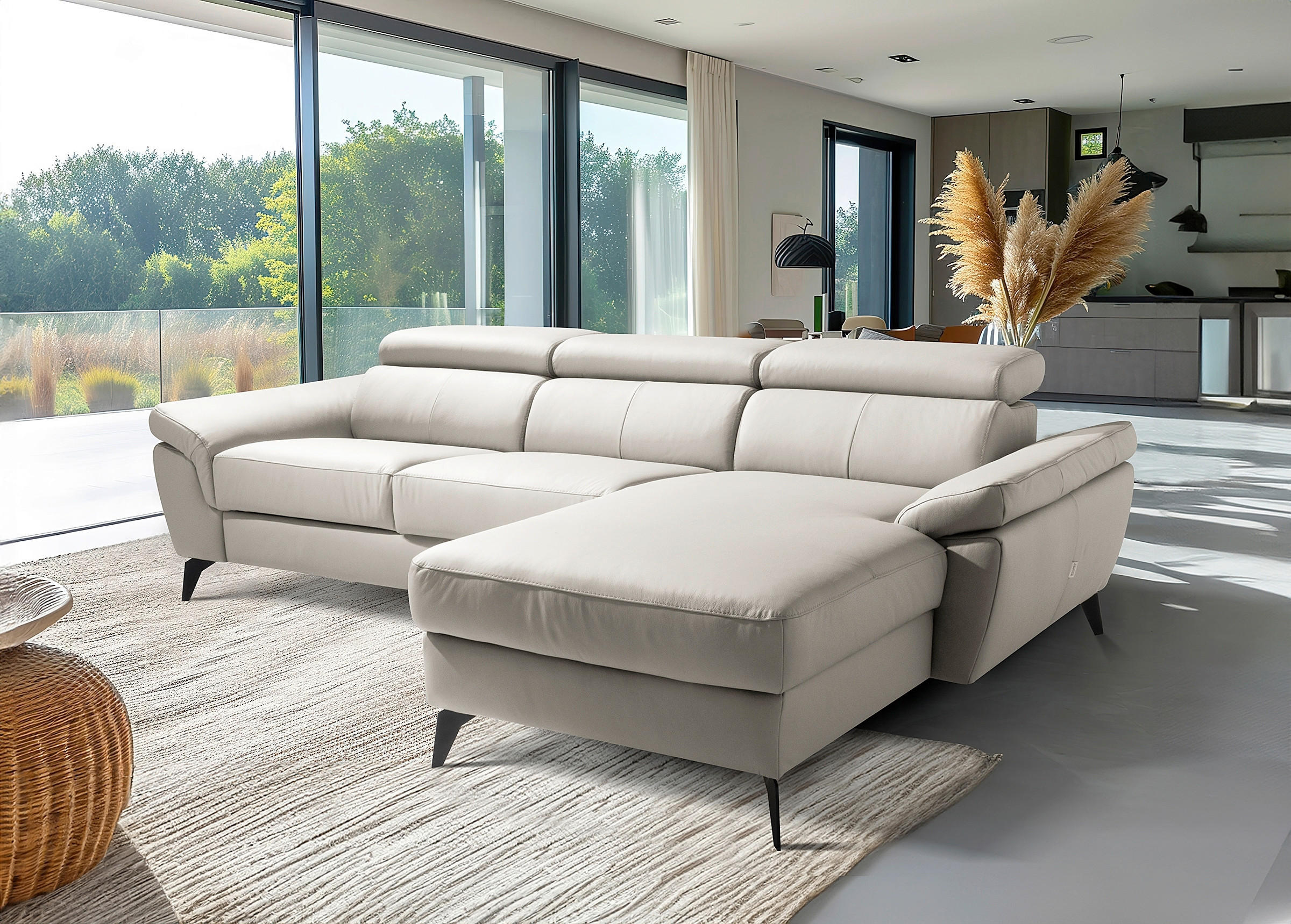 ECKSOFA SONO in Lederlook Echtleder Platinfarben Bettkasten, Armteilverstellung, Kopfteilverstellung  252/179 cm  - Platinfarben/Schwarz, Design, Leder/Textil (252/179cm) - Livetastic