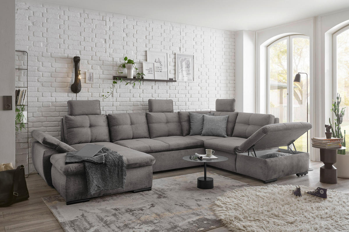 WOHNLANDSCHAFT in Mikrovelours Hellgrau  - Hellgrau/Schwarz, Konventionell, Kunststoff/Textil (127/334/217cm) - Carryhome