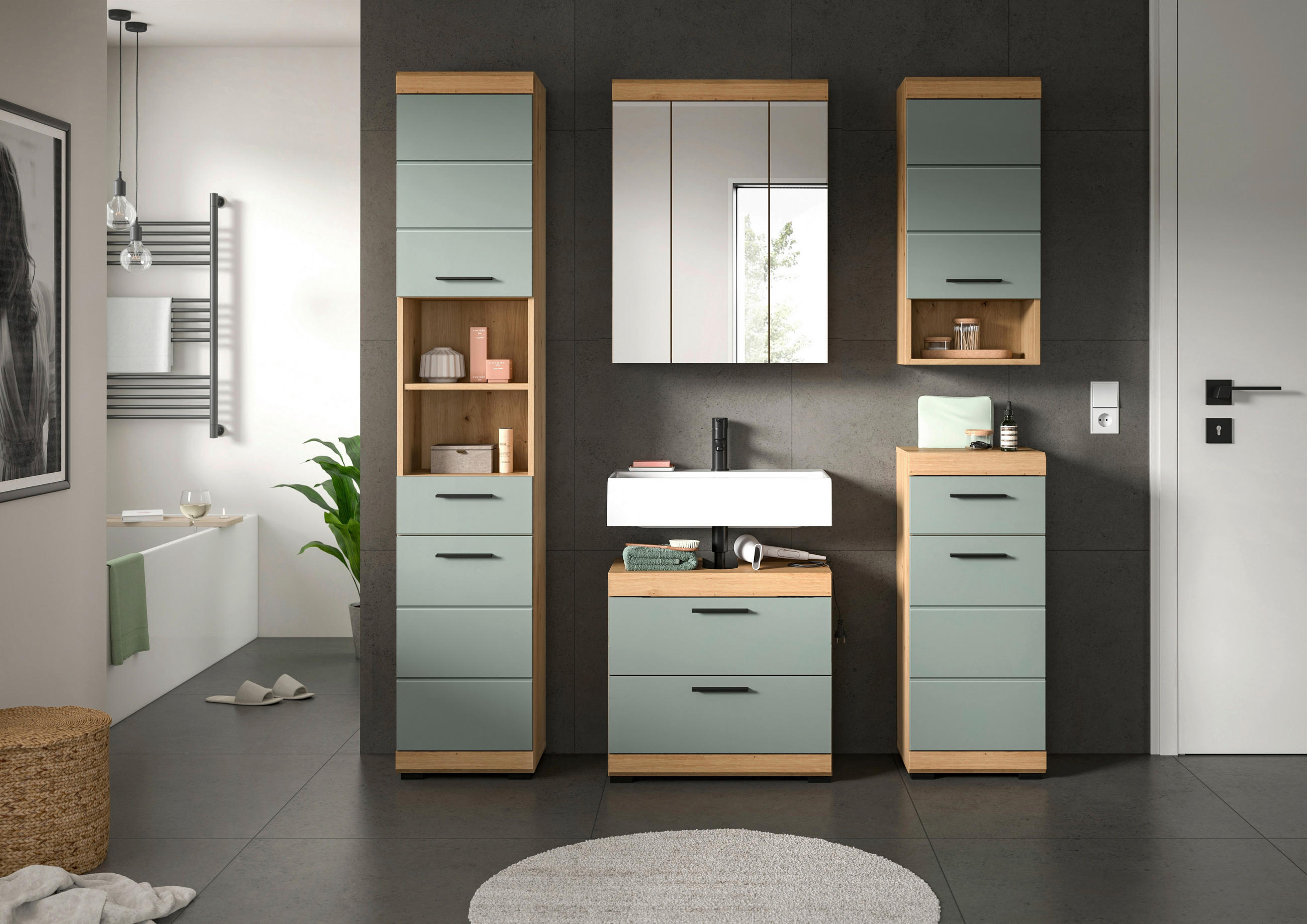 BADEZIMMER 5-teilig  in 134 cm  - Salbeigrün/Schwarz, MODERN, Holzwerkstoff/Kunststoff (134cm) - MID.YOU