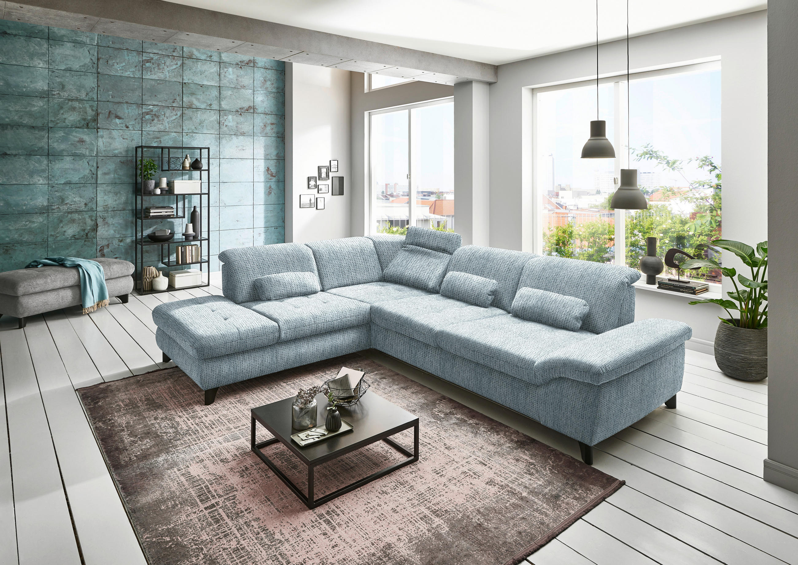 ECKSOFA Türkis Webstoff  - Türkis/Alufarben, Design, Textil/Metall (260/319cm) - Beldomo Style