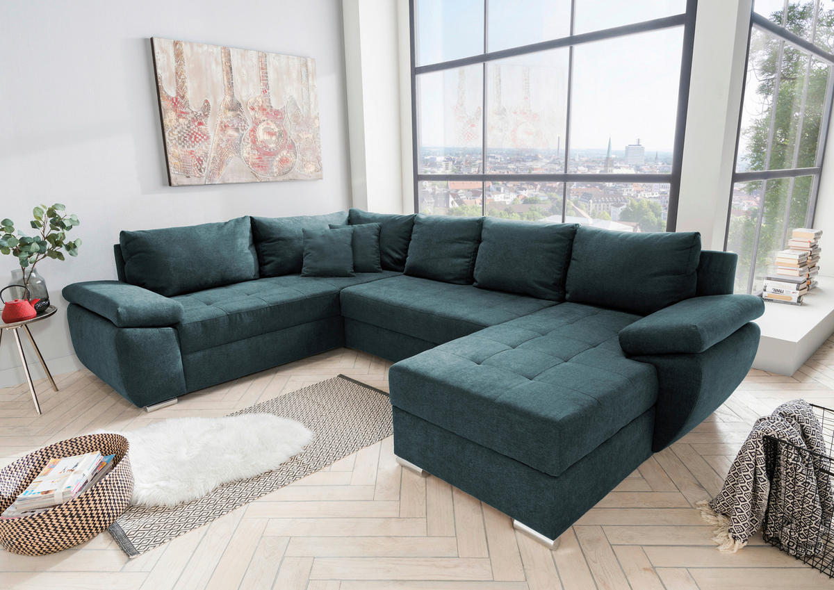 Wohnlandschaft Petrol Mikrofaser  - Chromfarben/Petrol, KONVENTIONELL (219/305/157cm) - Livetastic