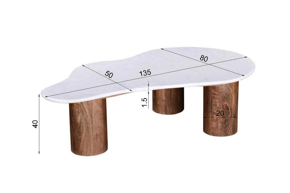 COUCHTISCH 135/80/40 cm Mangoholz massiv wellenförmig Braun, Weiß  - Braun/Weiß, Design, Holz/Stein (135/80/40cm) - MID.YOU