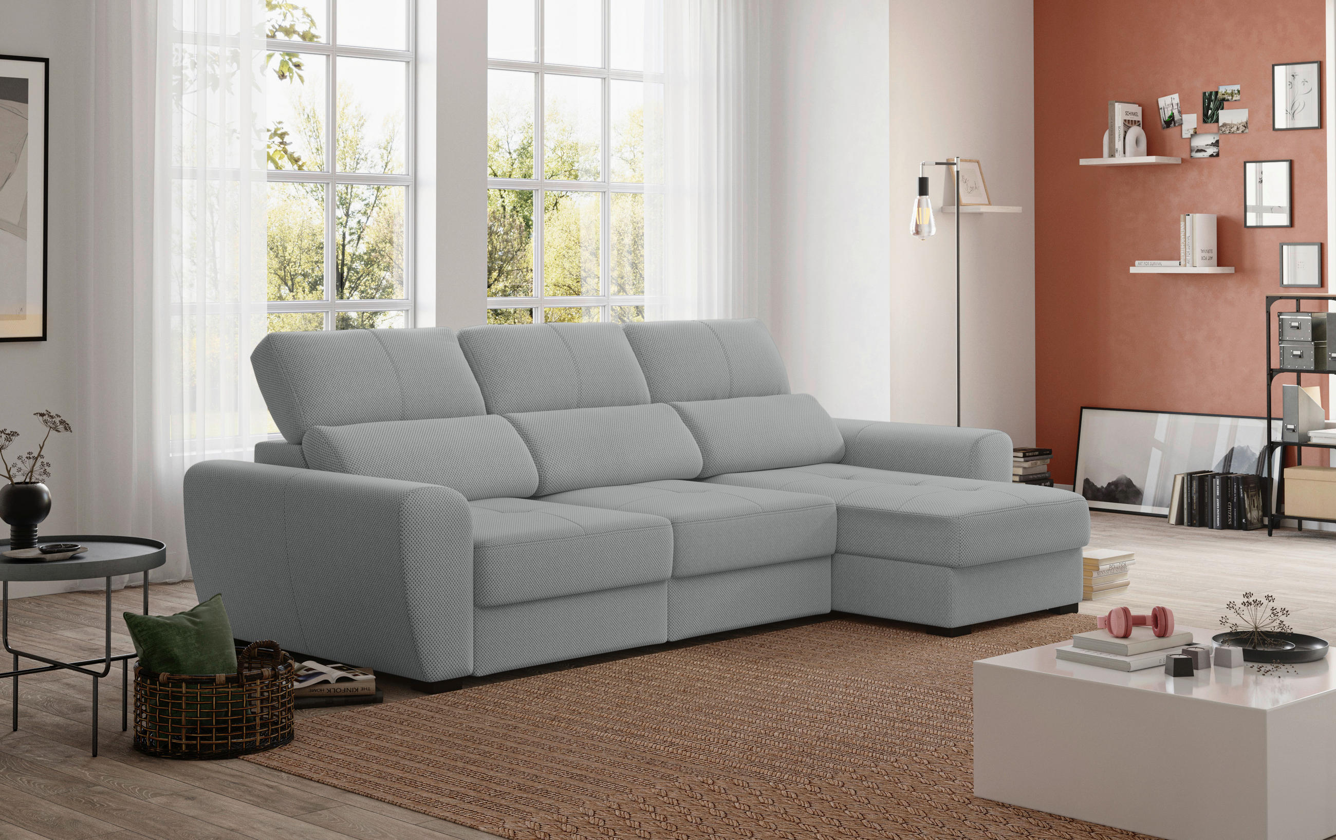 ECKSOFA in Velours Grau  - Schwarz/Grau, Konventionell, Kunststoff/Textil (285/177cm) - MID.YOU