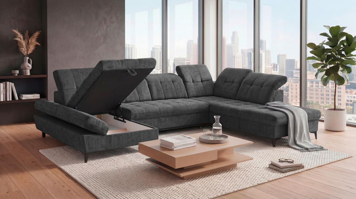 WOHNLANDSCHAFT MERCY Graphitfarben Mikrovelours  - Schwarz/Graphitfarben, MODERN, Kunststoff/Textil (169/348/245cm) - MID.YOU