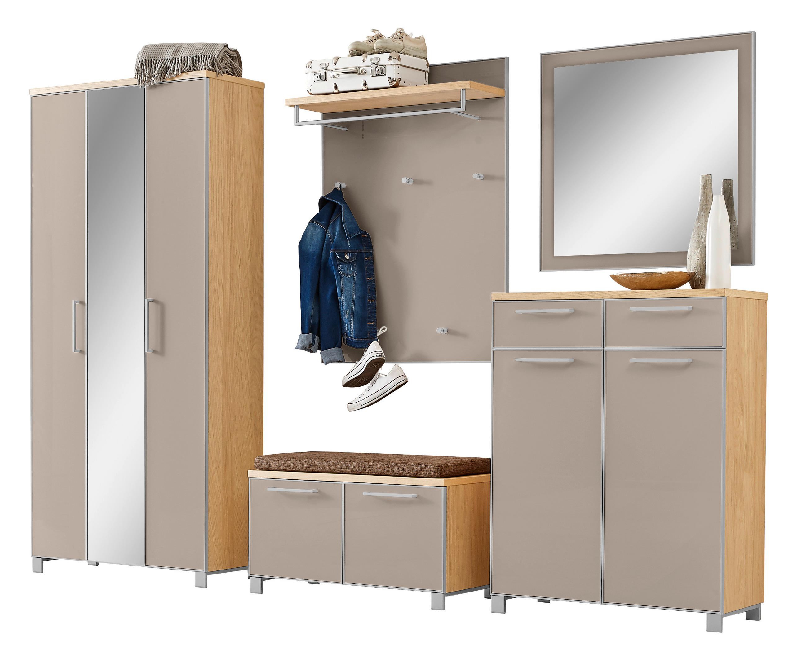 GARDEROBE 6-teilig  in 265/195/40 cm  - Taupe/Hellbraun, Design, Glas/Holz (265/195/40cm)