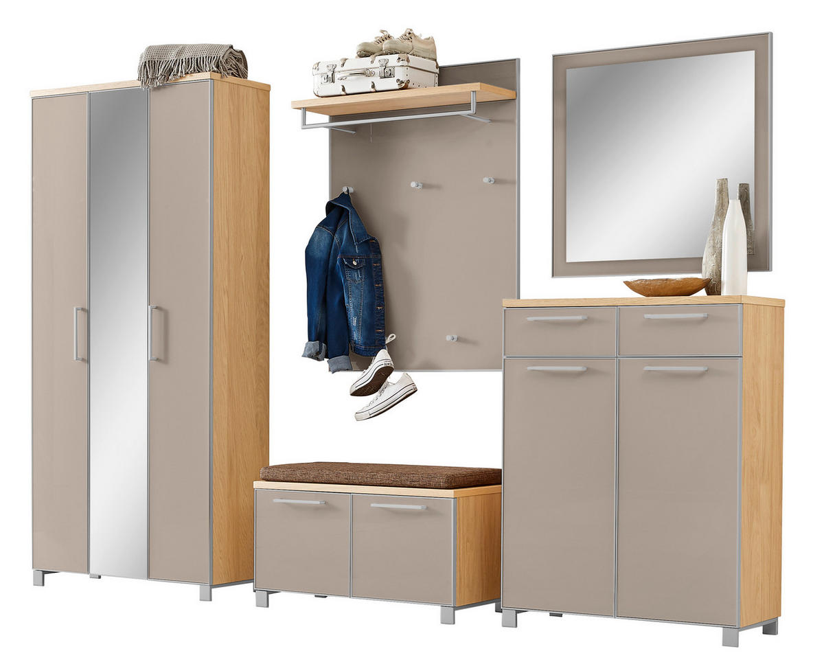 GARDEROBE 6-teilig  in 265/195/40 cm  - Taupe/Hellbraun, Design, Glas/Holz (265/195/40cm)