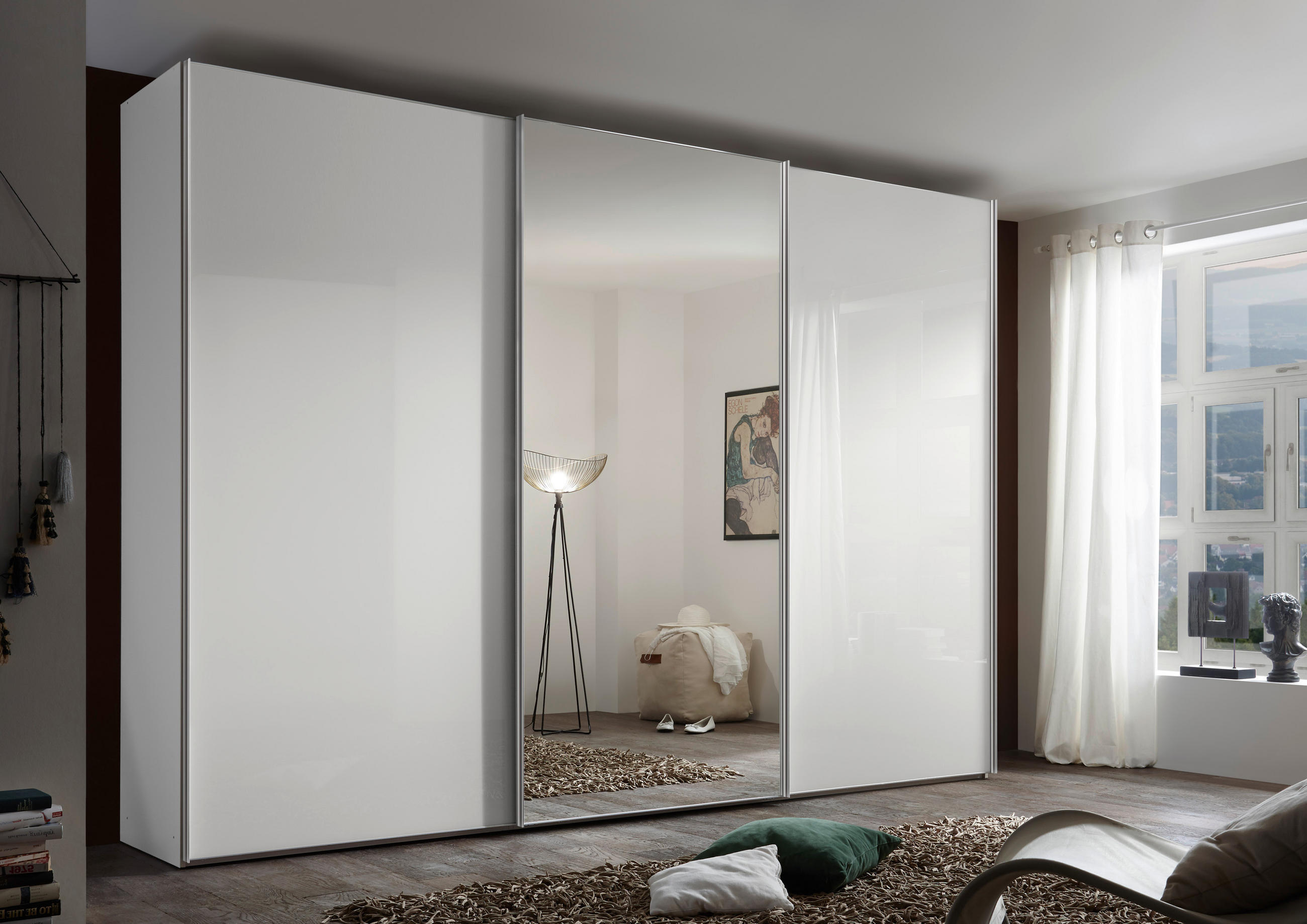 SCHWEBETÜRENSCHRANK in Weiss  - Chromfarben/Weiss, Basics, Glas/Holzwerkstoff (280/240/68cm) - Moderano