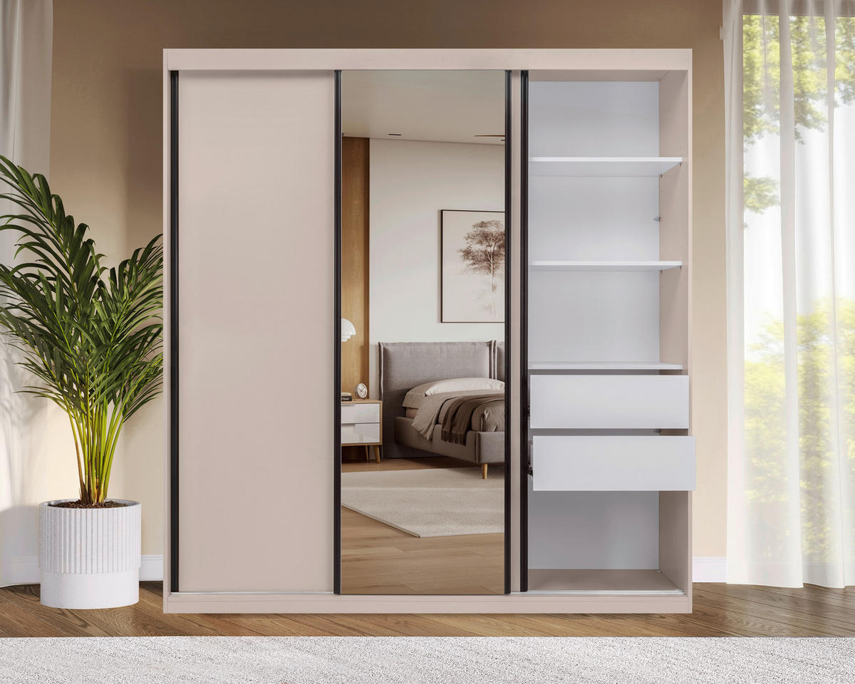 SCHIEBETÜRENSCHRANK 200/215/59,5 cm 3-türig  - Kaschmir/Schwarz, MODERN, Holzwerkstoff/Metall (200/215/59,5cm) - MID.YOU