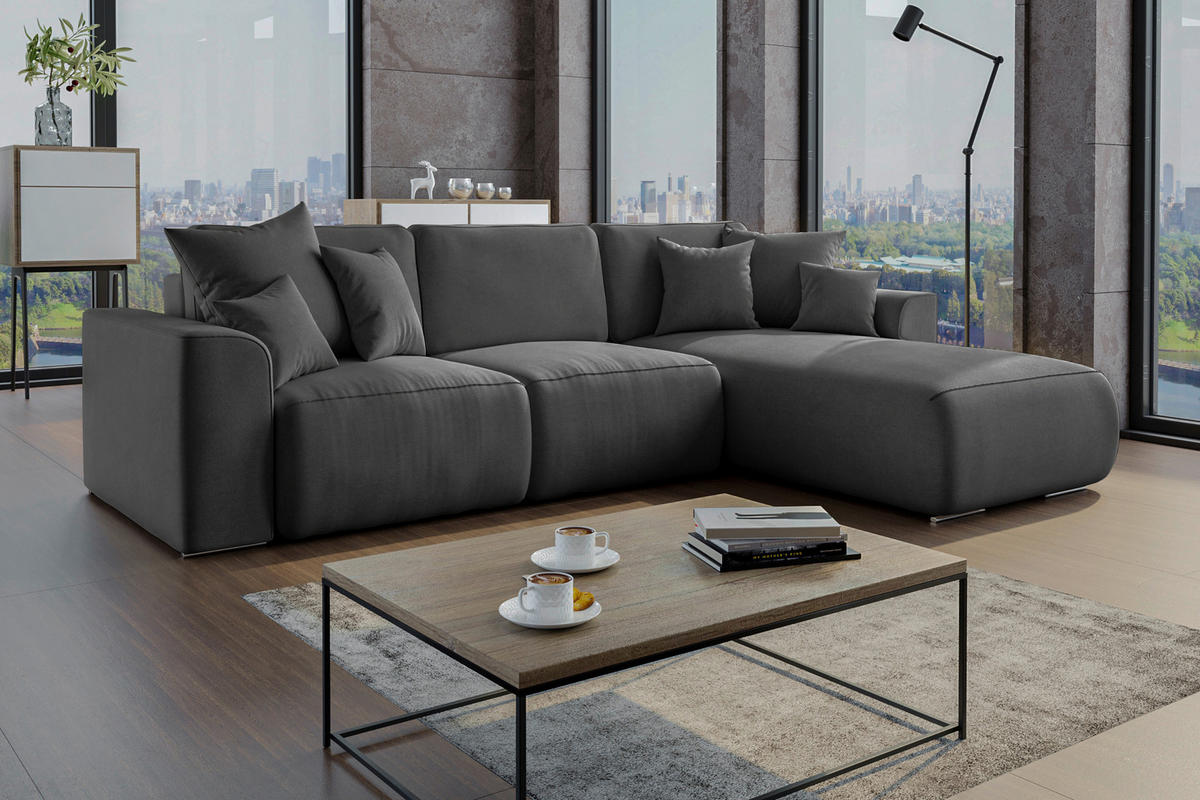 ECKSOFA in Velours Dunkelgrau  293/195 cm  - Chromfarben/Dunkelgrau, KONVENTIONELL, Kunststoff/Textil (293/195cm) - Carryhome