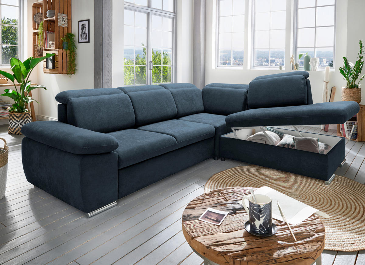 ECKSOFA  in Mikrofaser Dunkelblau  - Chromfarben/Dunkelblau, Design, Textil/Metall (283/228cm) - Livetastic