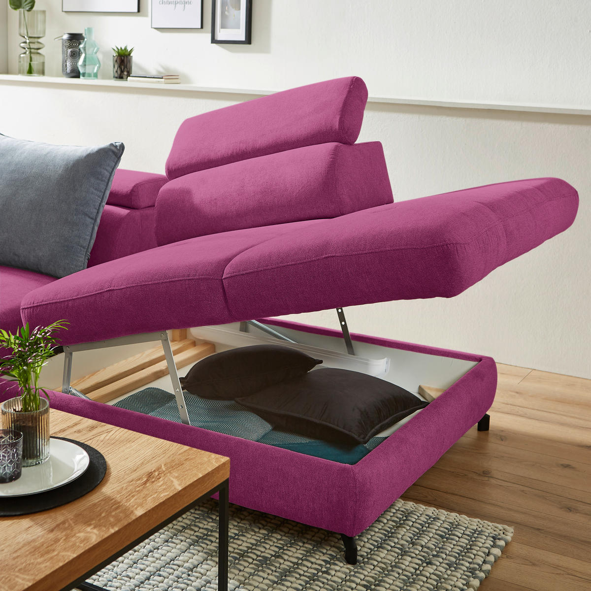 ECKSOFA in Webstoff Magenta  - Magenta/Schwarz, Design, Textil/Metall (277/237cm) - Stylife