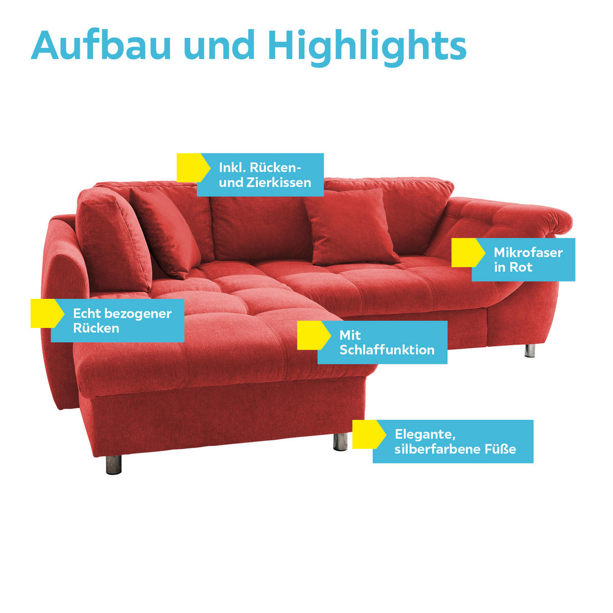 ECKSOFA Rot Mikrofaser  - Chromfarben/Rot, Design, Kunststoff/Textil (190/250cm) - Livetastic