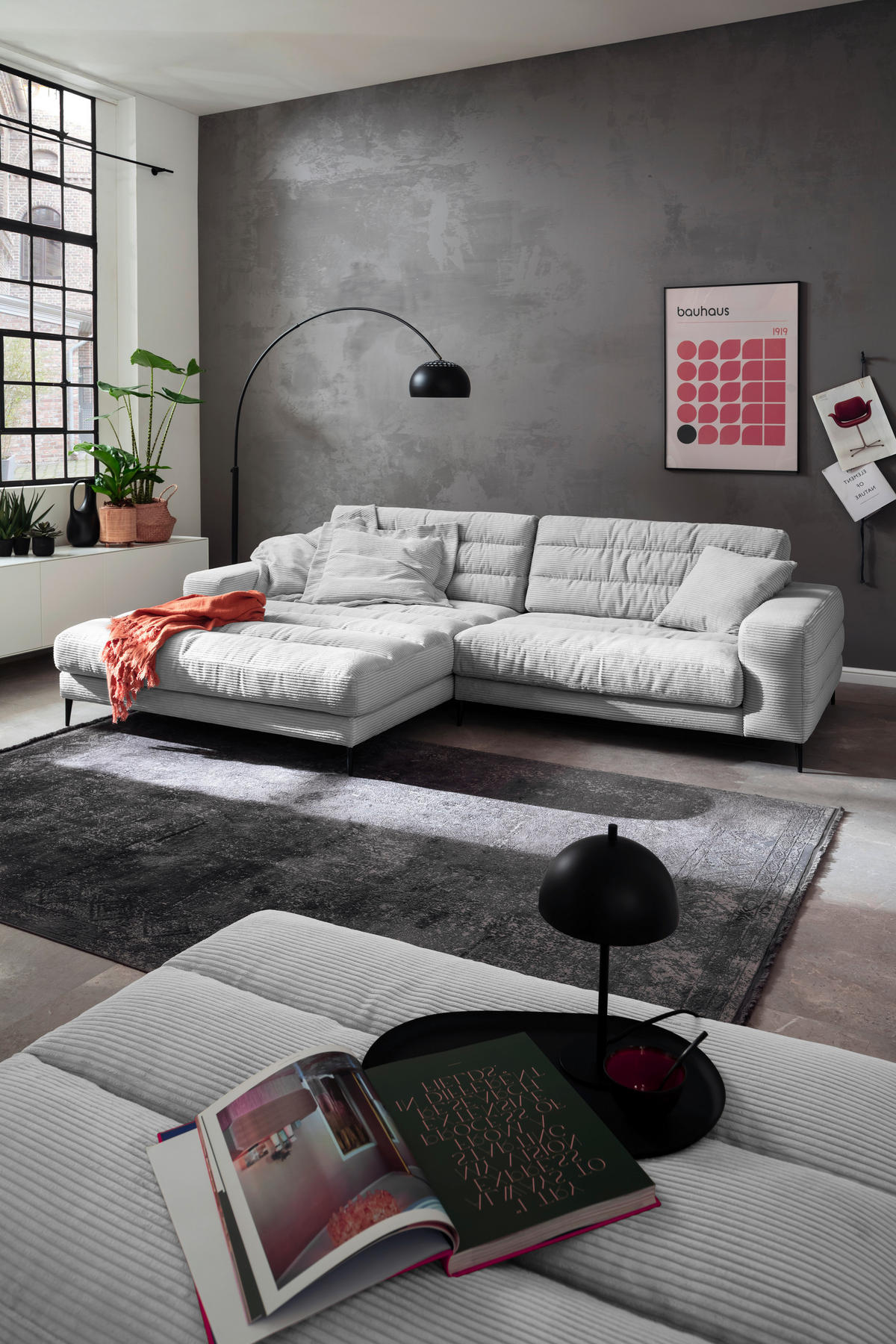 ECKSOFA in Cord Grau  207/296 cm  - Schwarz/Grau, Design, Textil/Metall (207/296cm) - Dieter Knoll