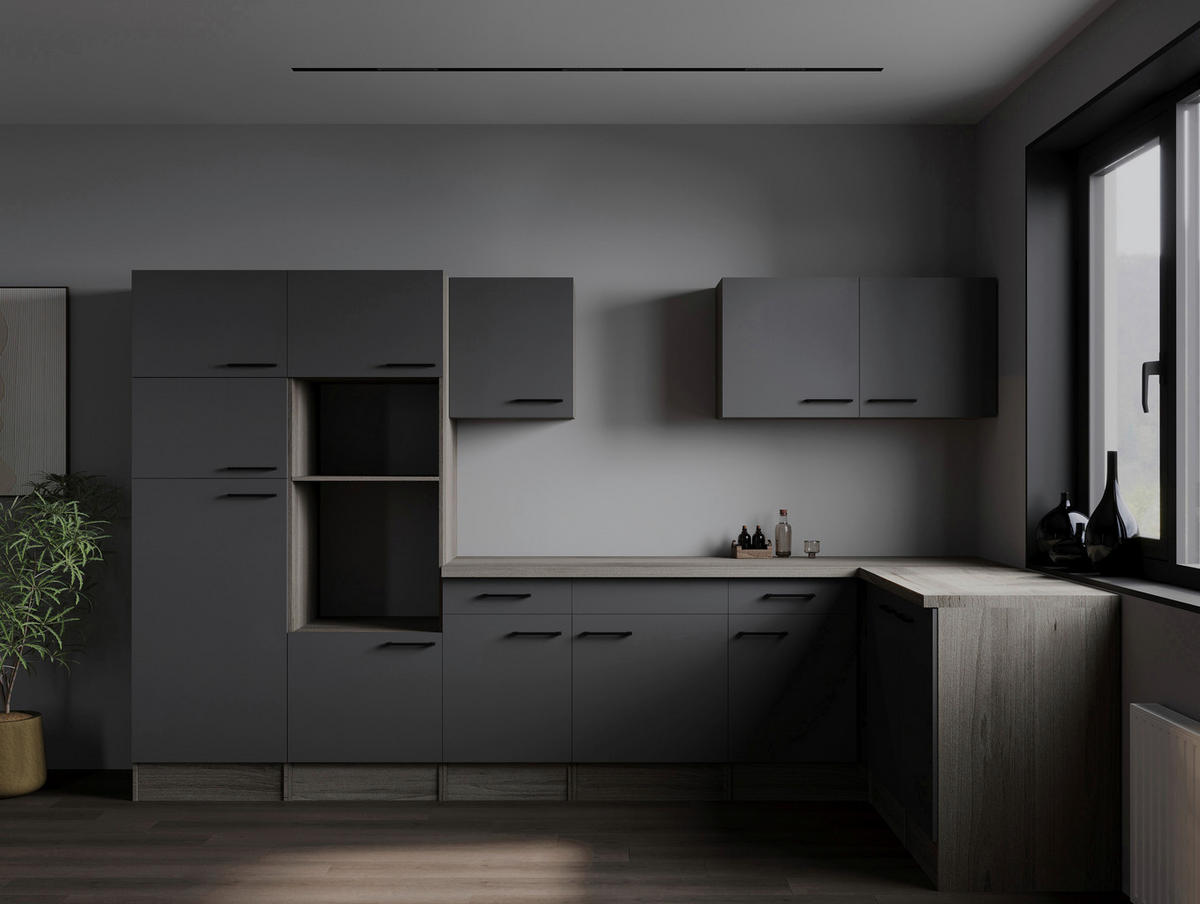 ECKKÜCHE 340/172 cm  in Grau, Eichefarben  - Eichefarben/Schwarz, Design, Holzwerkstoff/Metall (340/172cm) - Respekta