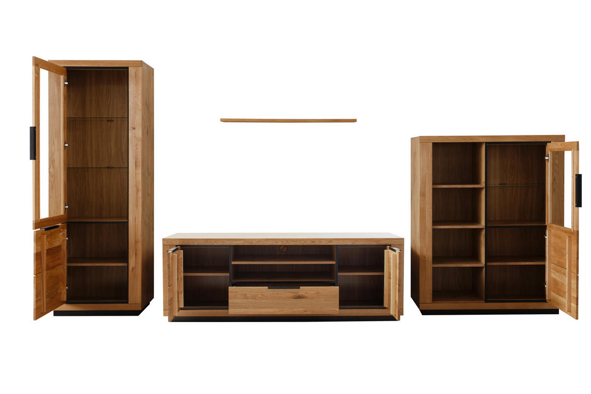 WOHNWAND 4-teilig  in Wildeiche  407/200/54 cm  - Wildeiche/Schwarz, Design, Glas/Holz (407/200/54cm) - MID.YOU