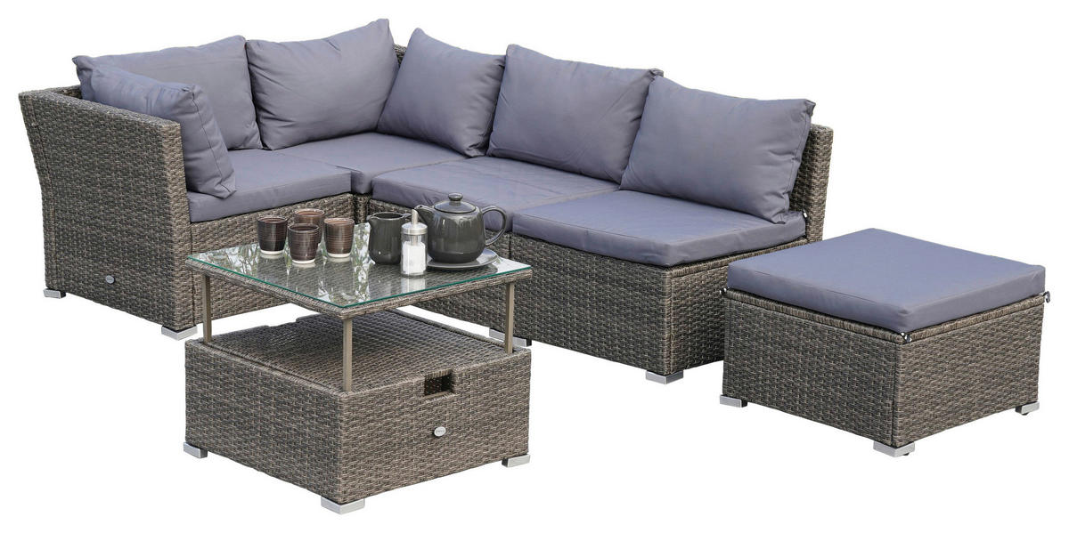 ZAHRADNÍ SEDACÍ SOUPRAVA 14dílné, kov, plast, sklo, textil - šedá, Konvenční, kov/textil (190/40/181cm) - Gardenson