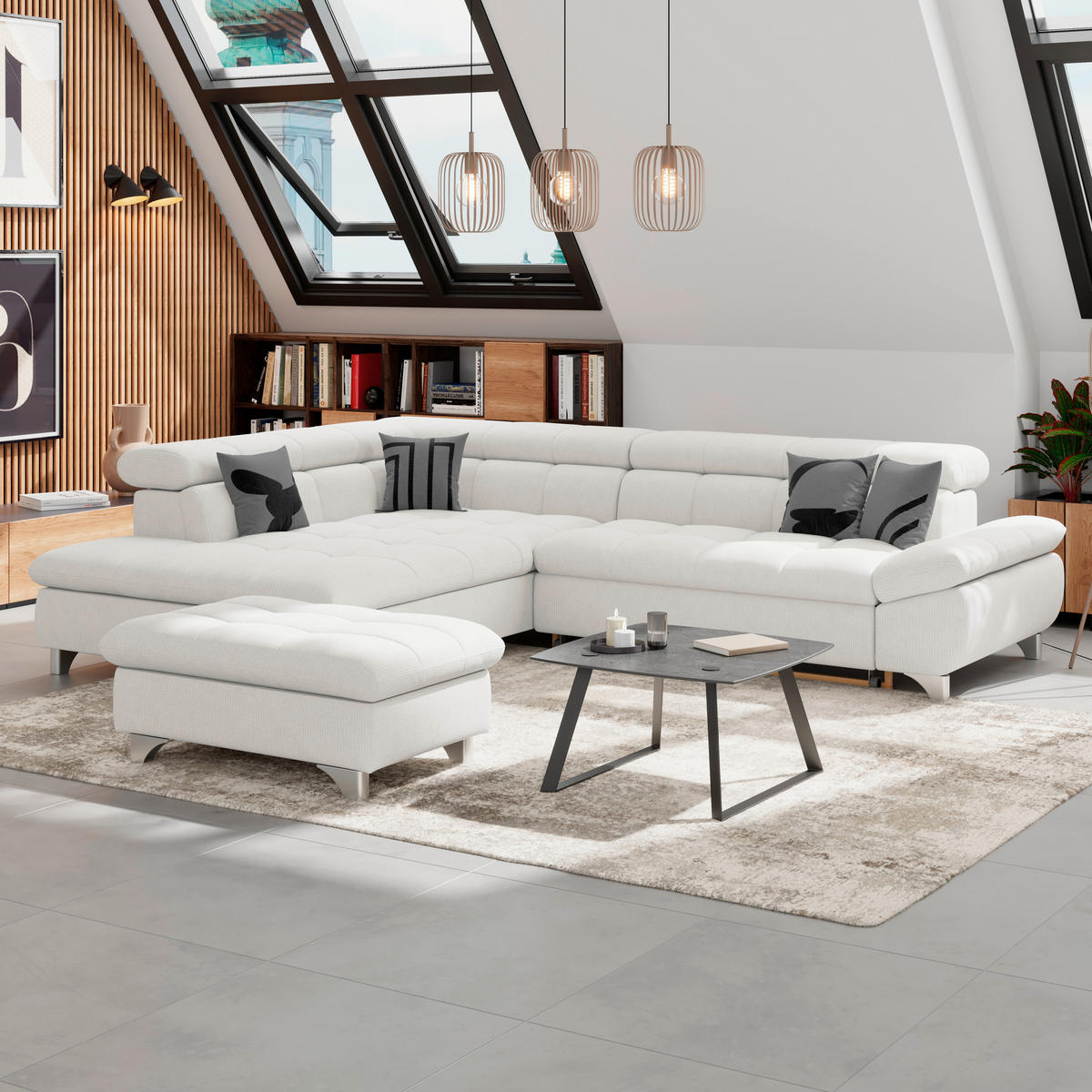 ECKSOFA Creme Chenille  - Chromfarben/Creme, KONVENTIONELL, Textil/Metall (234/312cm) - Livetastic